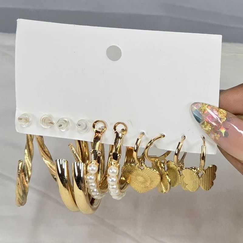 Other 5-Pair Gold-Tone Fashion Earrings Set Pearl, Hoop, Dangle Size ONE SIZE - 5 Thumbnail