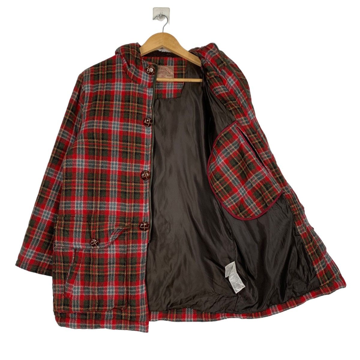 Japanese Brand 291295 HOMME Red Tartan Wool Hooded Coat Jacket #1052-C47 Size US M / EU 48-50 / 2 - 9 Thumbnail