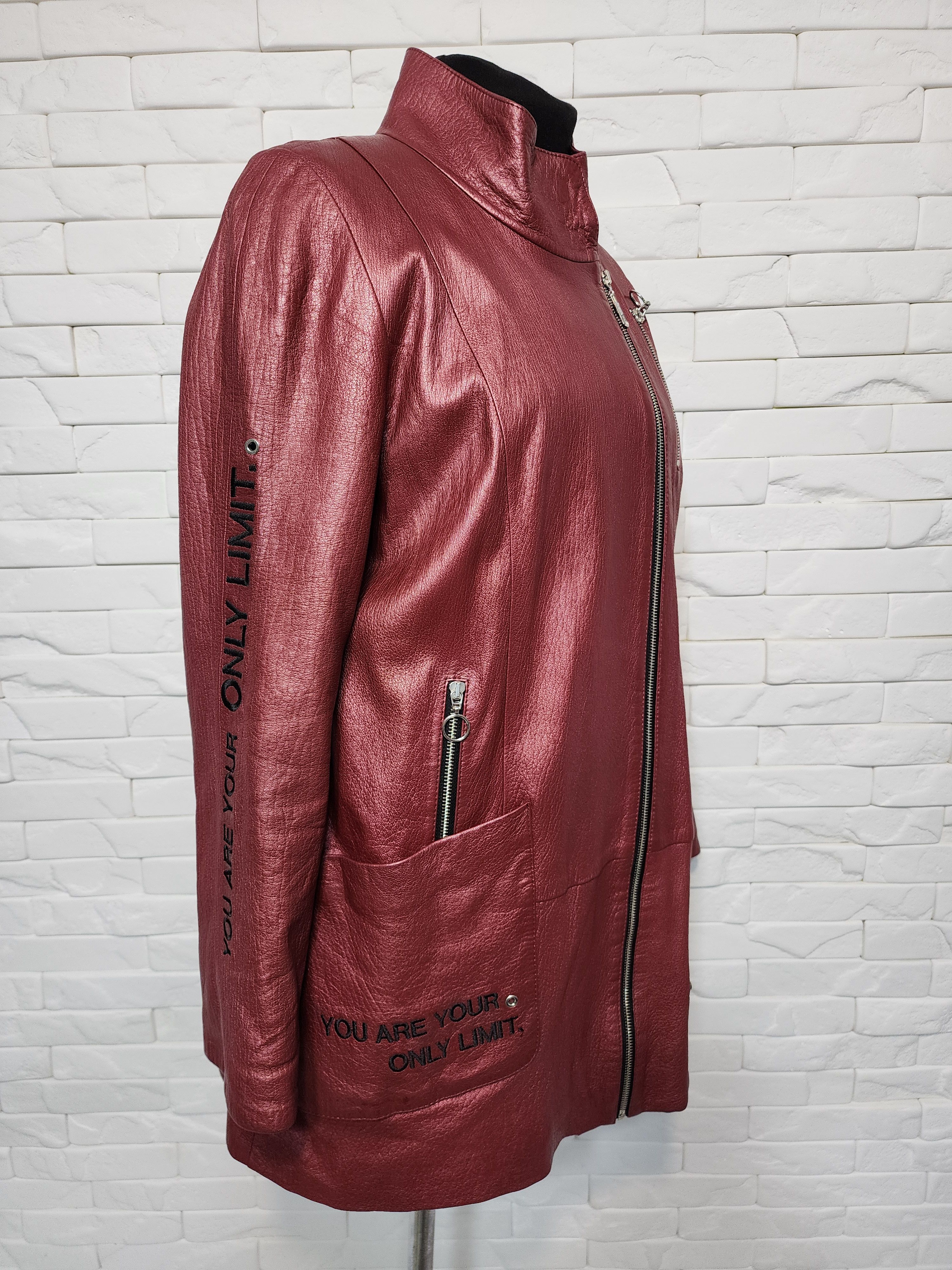Designer Women's red leather jacket with a metal zipper. Size L / US 10 / IT 46 - 1 Thumbnail