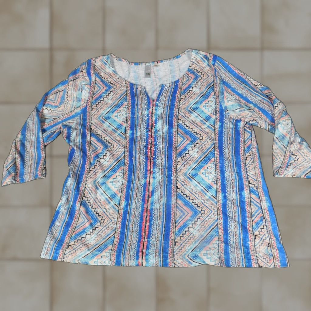 Vintage Thomas & Olivia Womens Blouse L Blue Stretch Pullover Casual 3/4 Sleeve Cap Sleeve Button Polyester Classic, Regular Fit Size L / US 10 / IT 46 - 1 Thumbnail