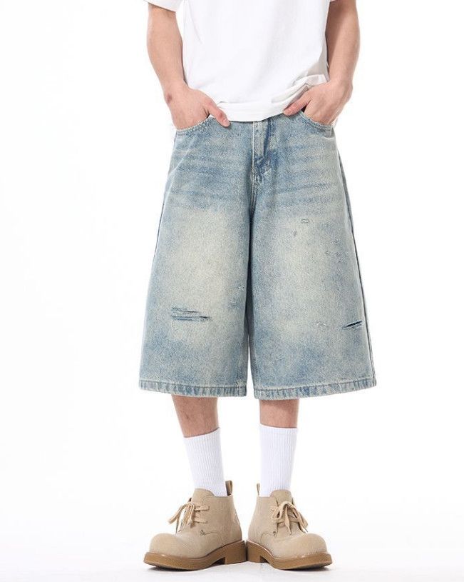 Japanese Brand American ripped men's loose straight-leg baby denim shorts Size US 32 / EU 48 - 1 Thumbnail