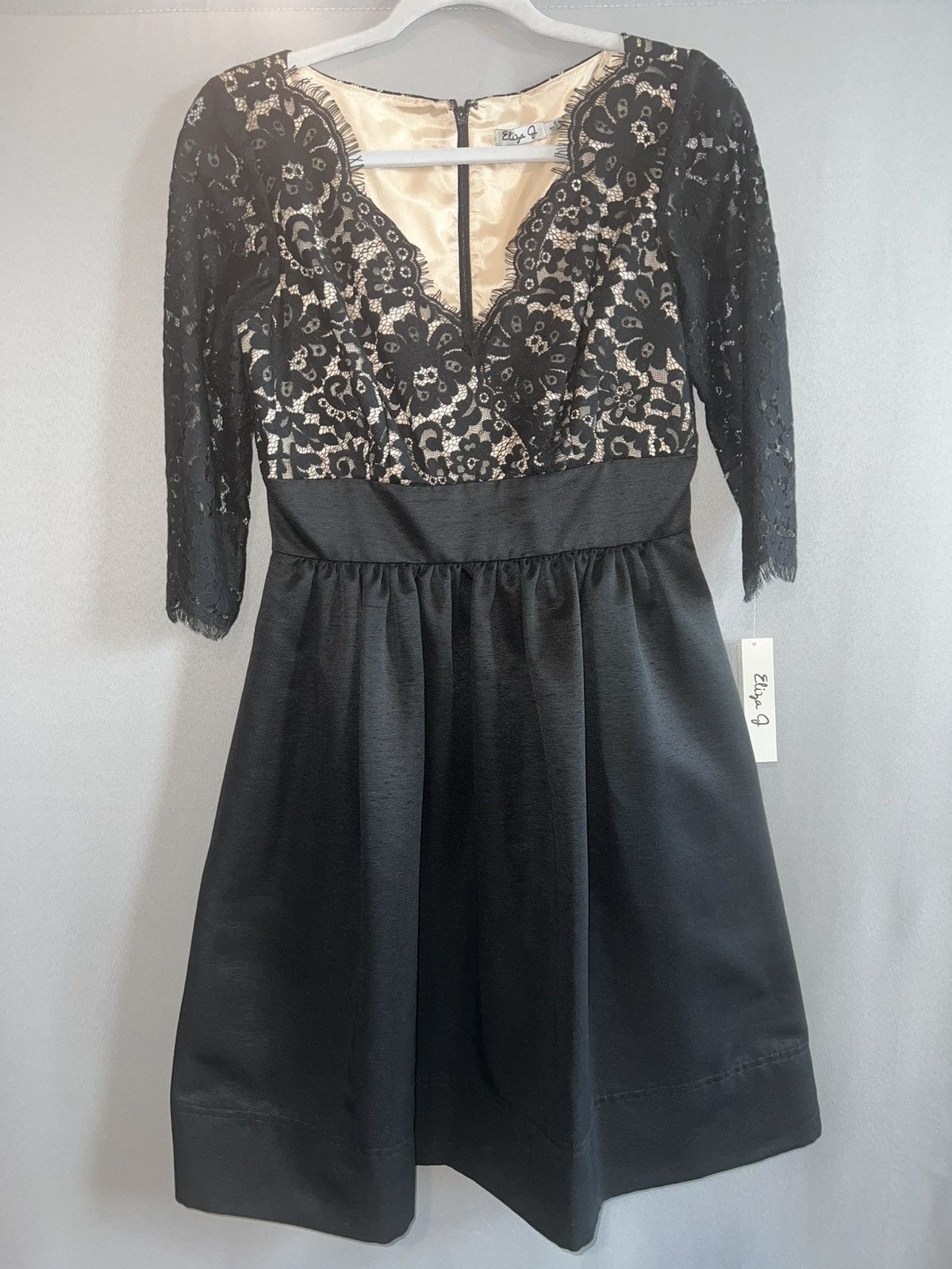 eliza j black cocktail dress Eliza J Black Ruched Long Sleeve Cocktail Dress with Jewel Brooch