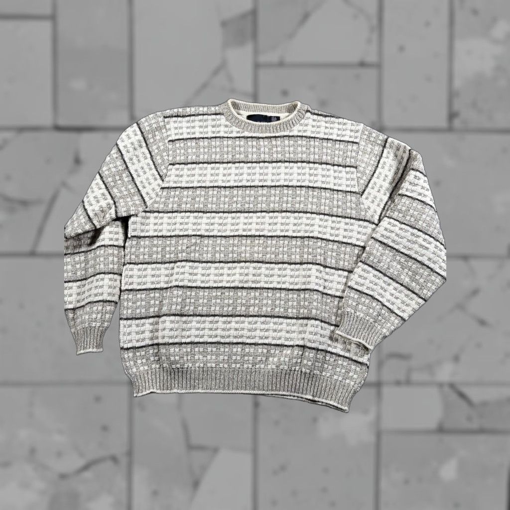 VINTAGE Bill Blass Men's Chunky Knit Sweater Large Geometric Crew Neck Cotton Acrylic Pullover Classic Fall Winter