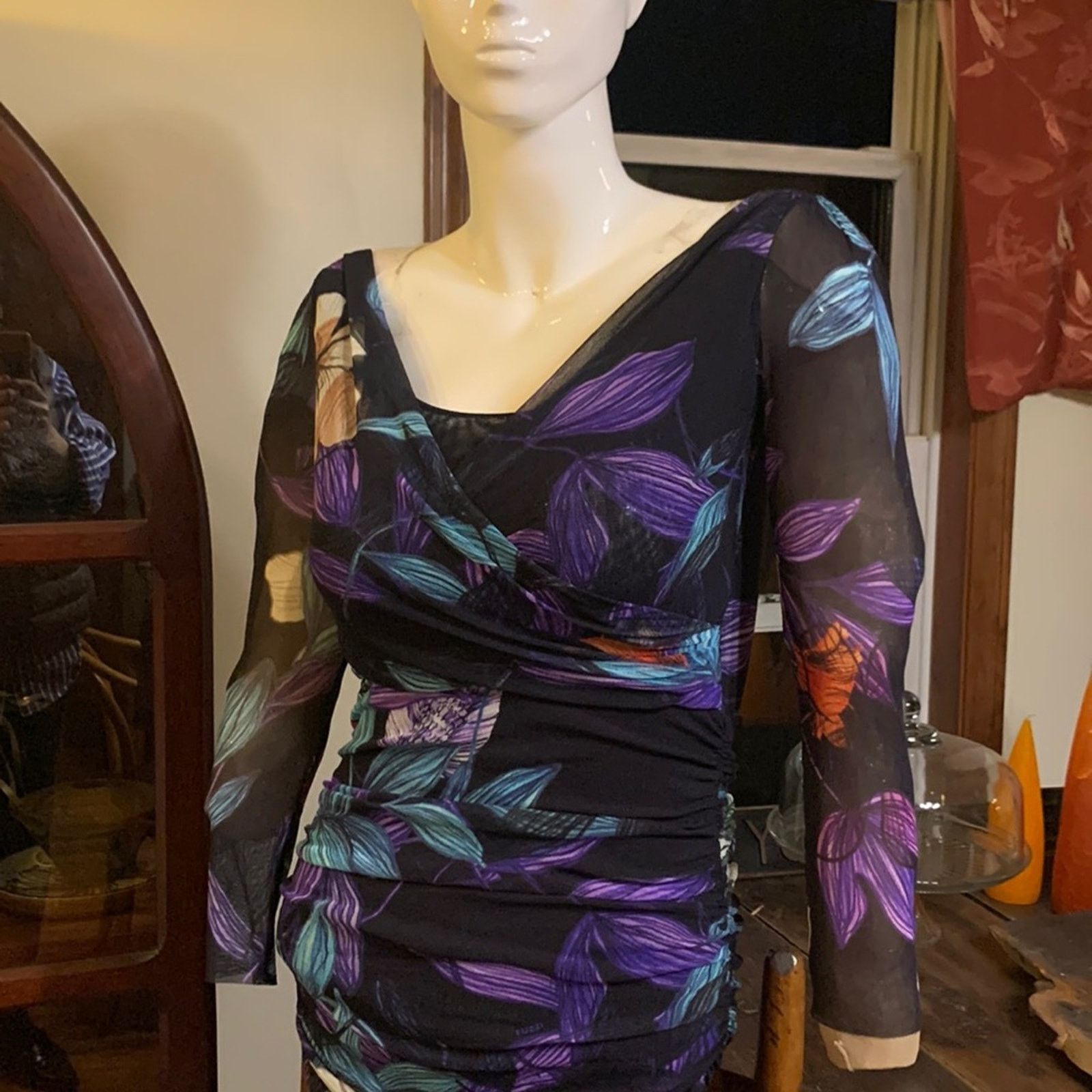 Fuzzi Italy mesh floral V neck bodycon bombshell wiggledress