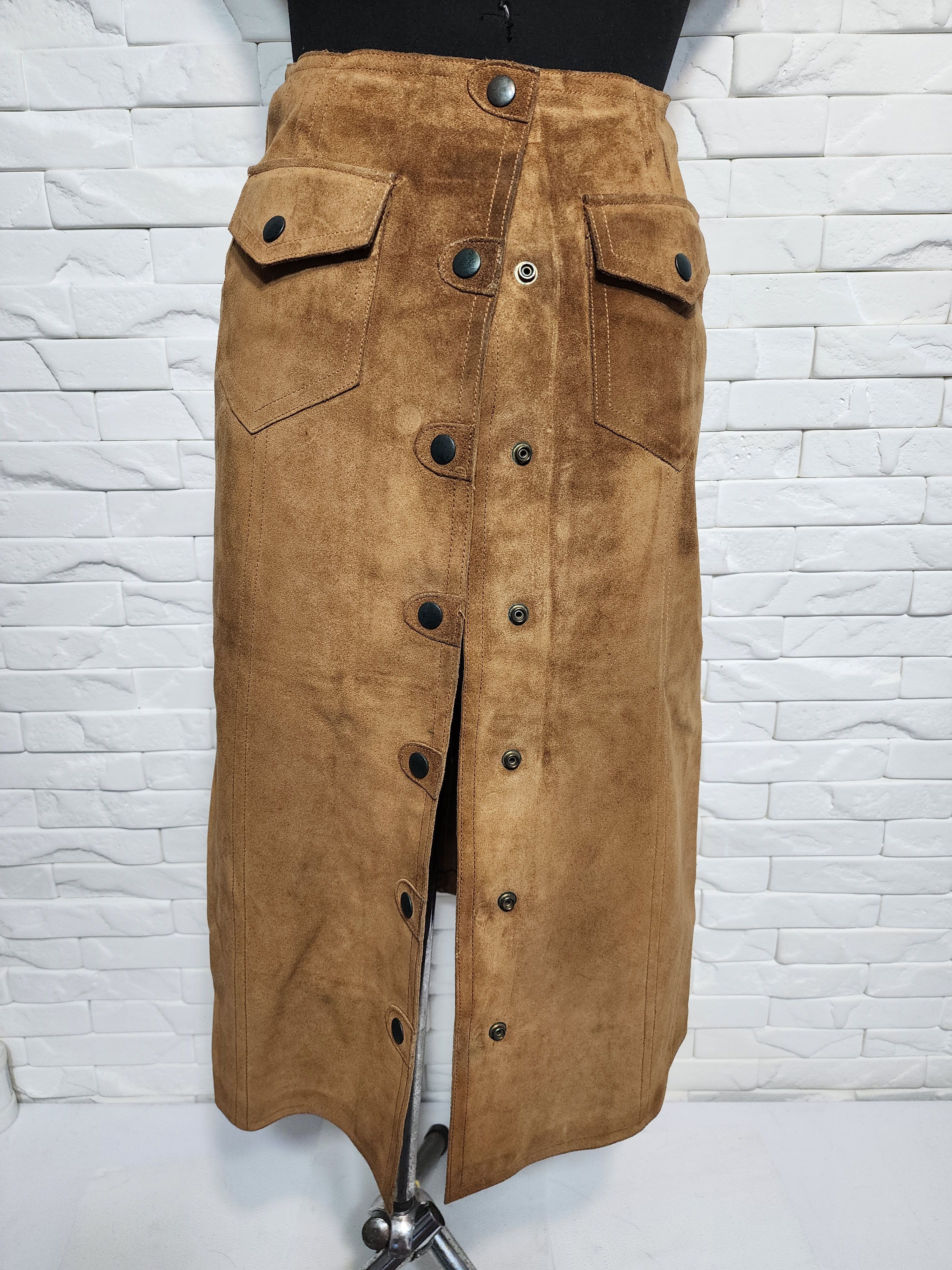Other Brown Suede Leather Skirt, Metal Buttons Fasteners Size 28" / US 6 / IT 42 - 1 Thumbnail