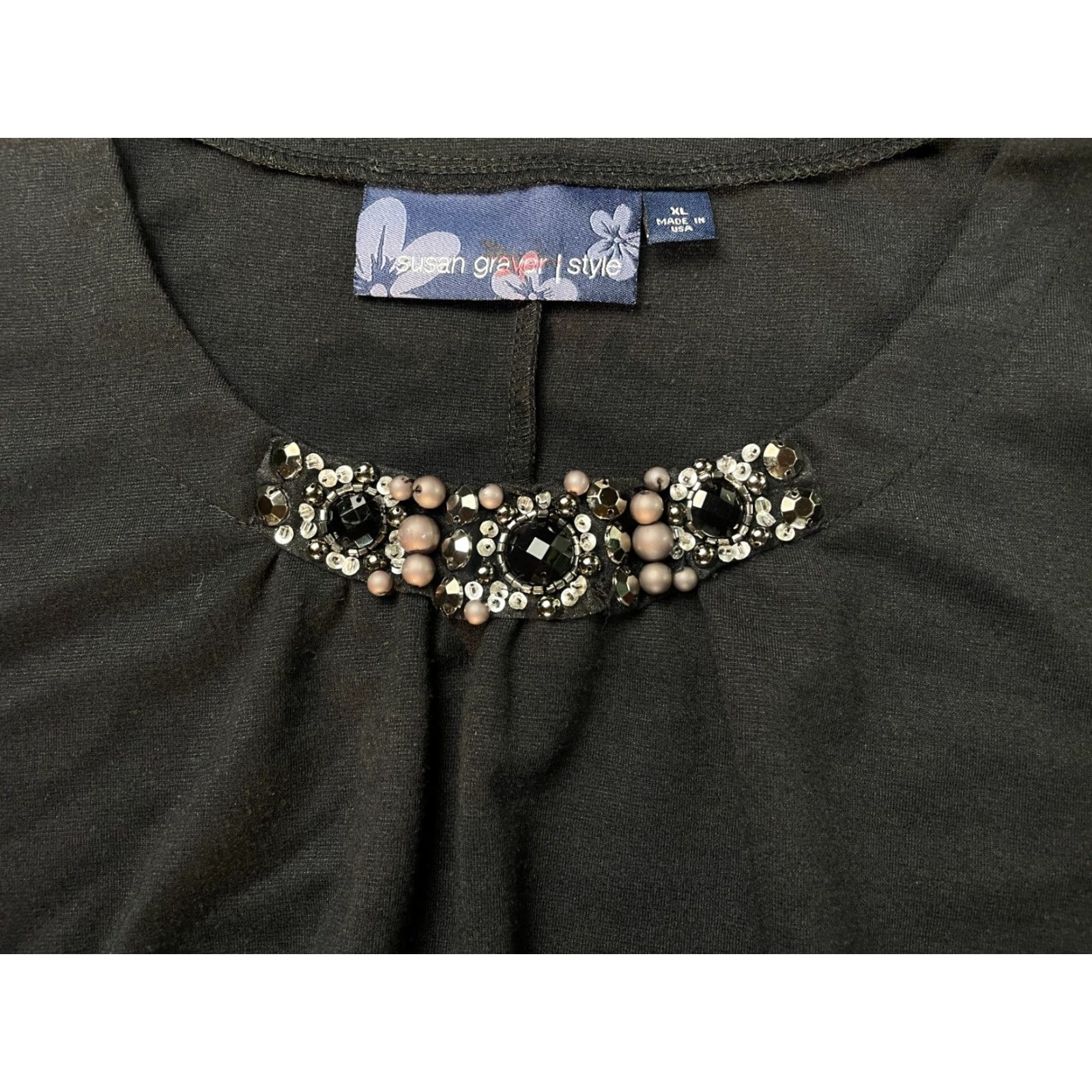 Vintage Susan Graver Dress Women's XL Black Jeweled Knee Length Shirt Dress Short Sleeve Round Neck Mens? Size XL / US 12-14 / IT 48-50 - 4 Thumbnail