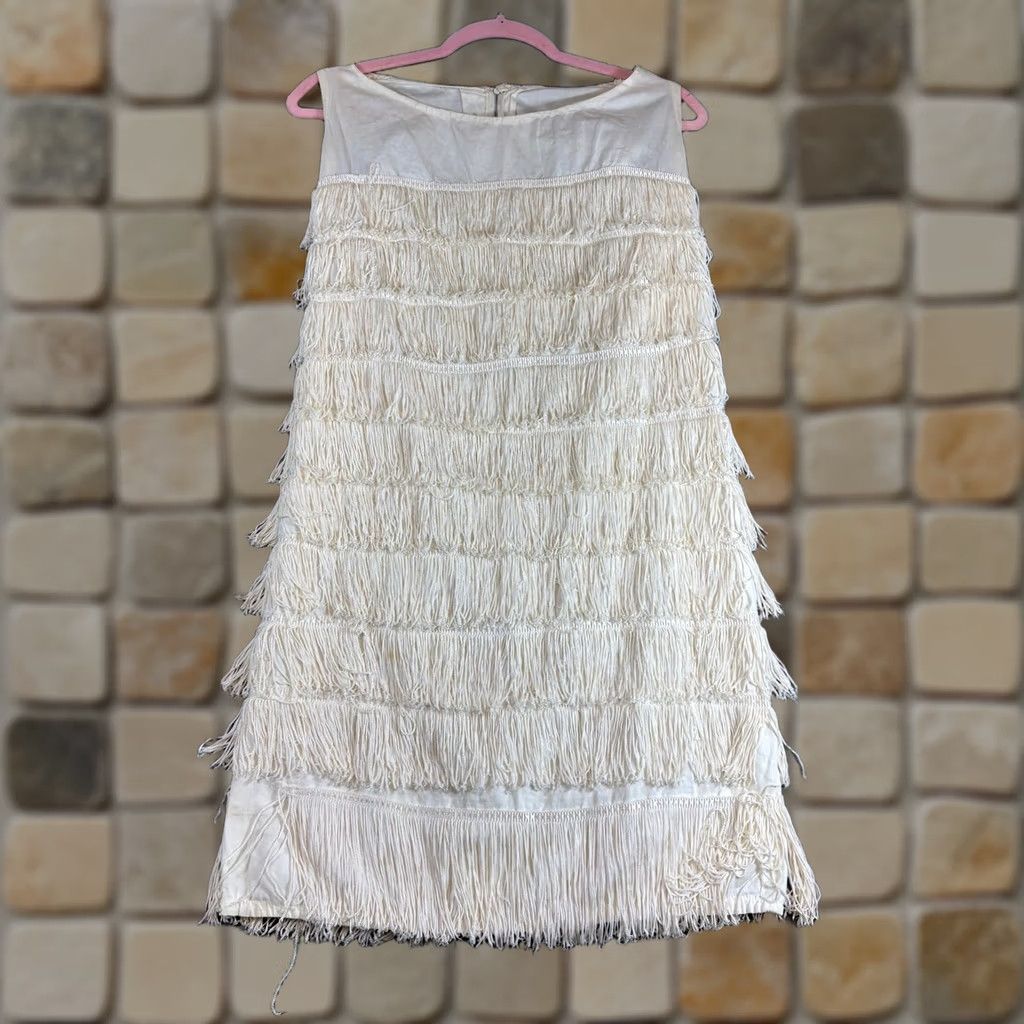 Vintage VINTAGE 60s Fringe Shift Dress Sz S Sleeveless Whimsy Cream Short Go Go 1960s Womens Size S / US 4 / IT 40 - 1 Thumbnail