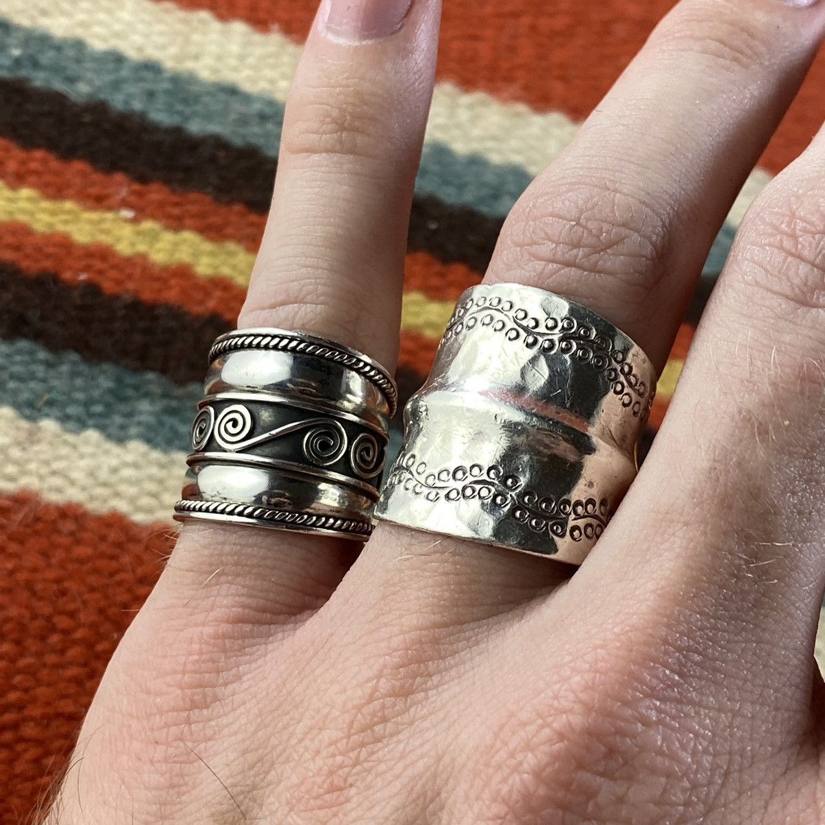 Japanese Brand × Kapital × Vintage Vtg Sterling Silver Wide Cigar Band Scrolled Trim Ring Size ONE SIZE - 11 Thumbnail