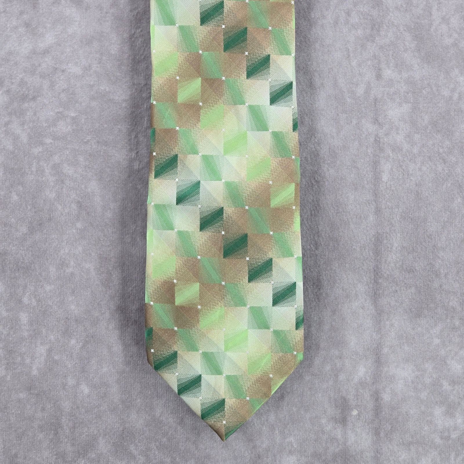 Van Heusen Van Heusen Green Brown Geometric Checkered Silk Neck Tie Size 30 - 1 Thumbnail
