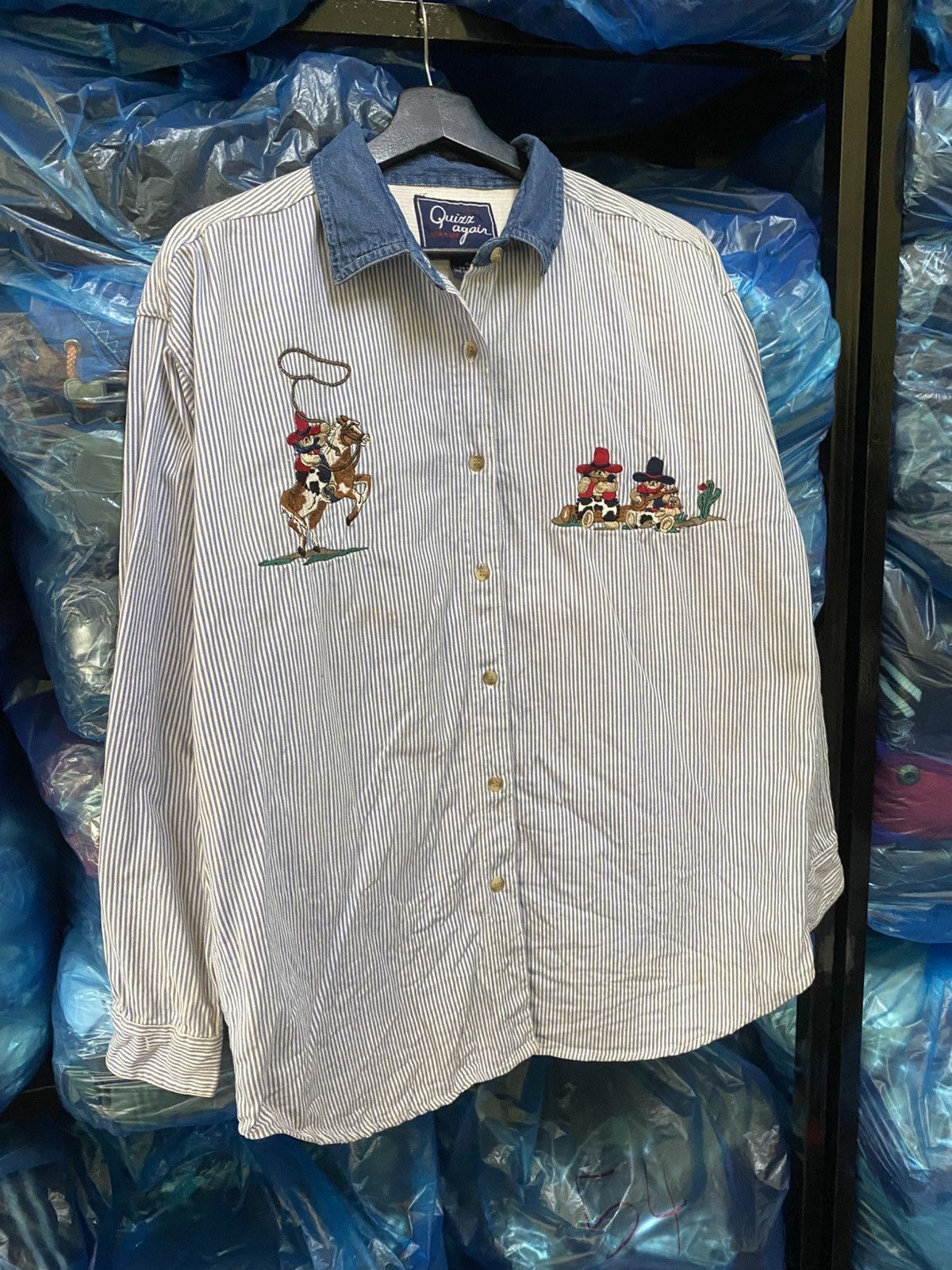 Cowboy Equipment × Vintage Vintage Quiz Again Embroidered Cowboy Shirt – Blue Striped Size US M / EU 48-50 / 2 - 3 Thumbnail