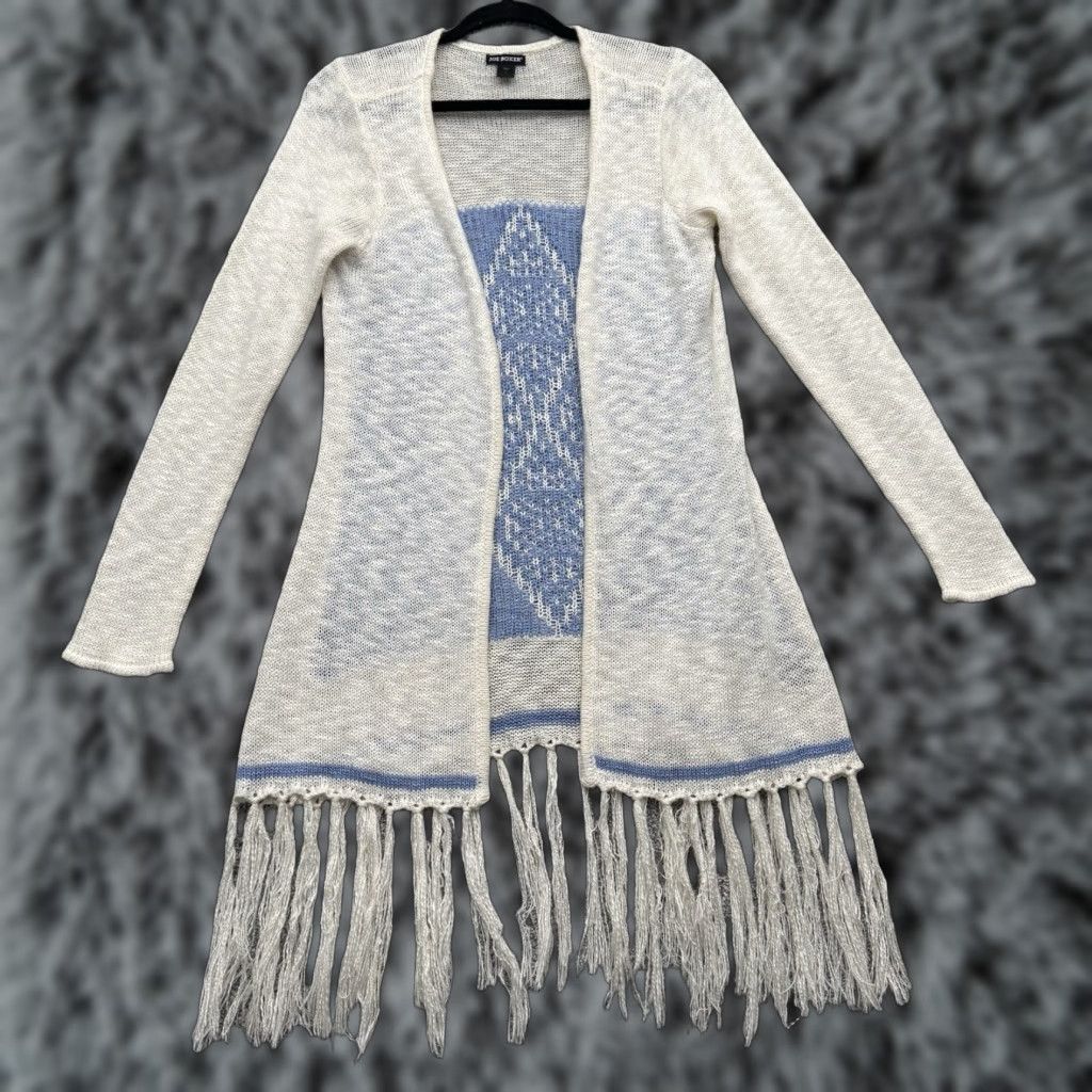 Joe Boxer VINTAGE Retro 70s Cardigan Large Women Wool Knit Fringed Hippie Woodstock Boho Western Phoebe Friends Ivory Cream 75% Acrylic 25% Cotton Size L / US 10 / IT 46 - 1 Thumbnail