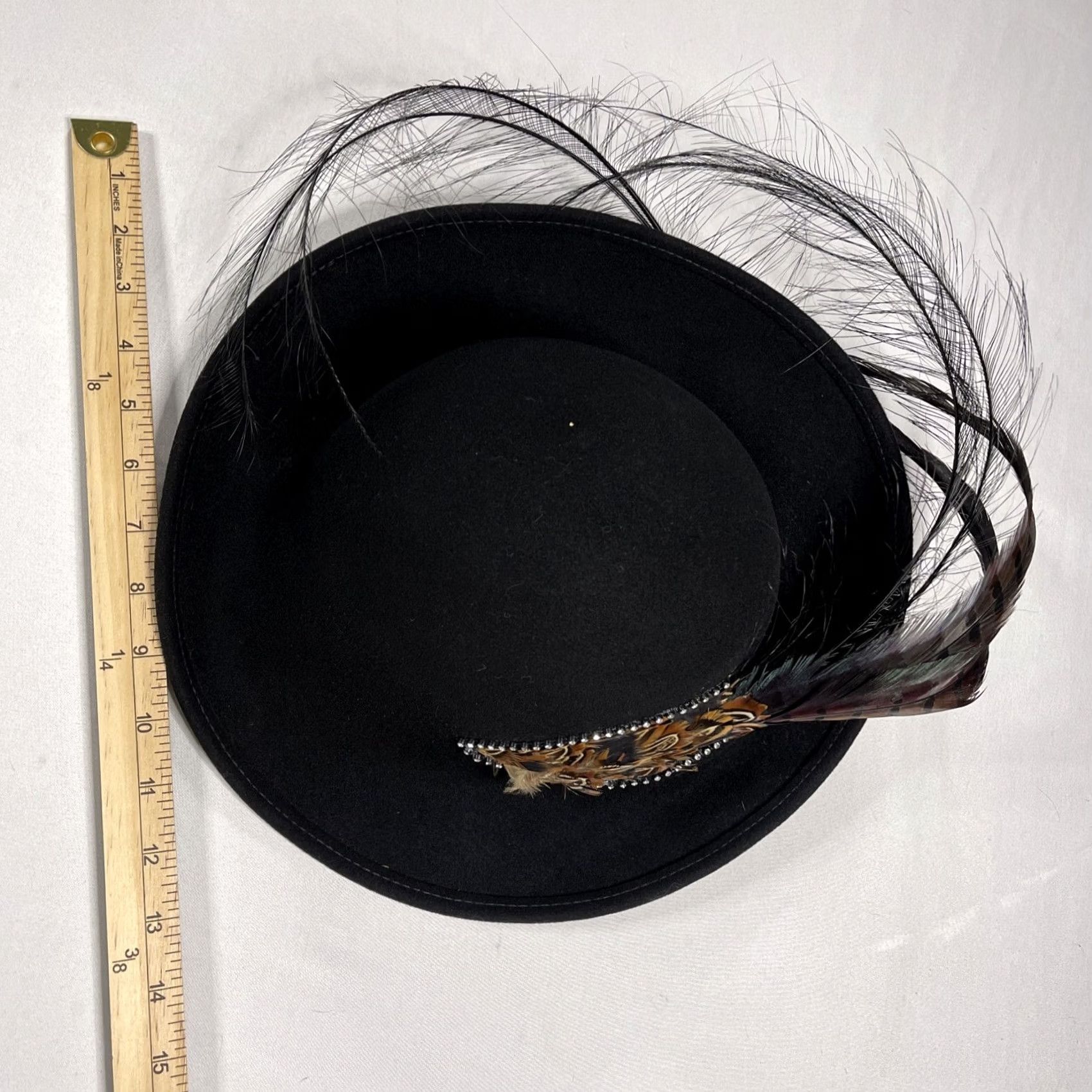 FELT VINTAGE Bollman Exccello Kentucky Derby Wool Felt Black Hat Rhinestone Feather Hat Ladies Mens Size ONE SIZE - 4 Thumbnail