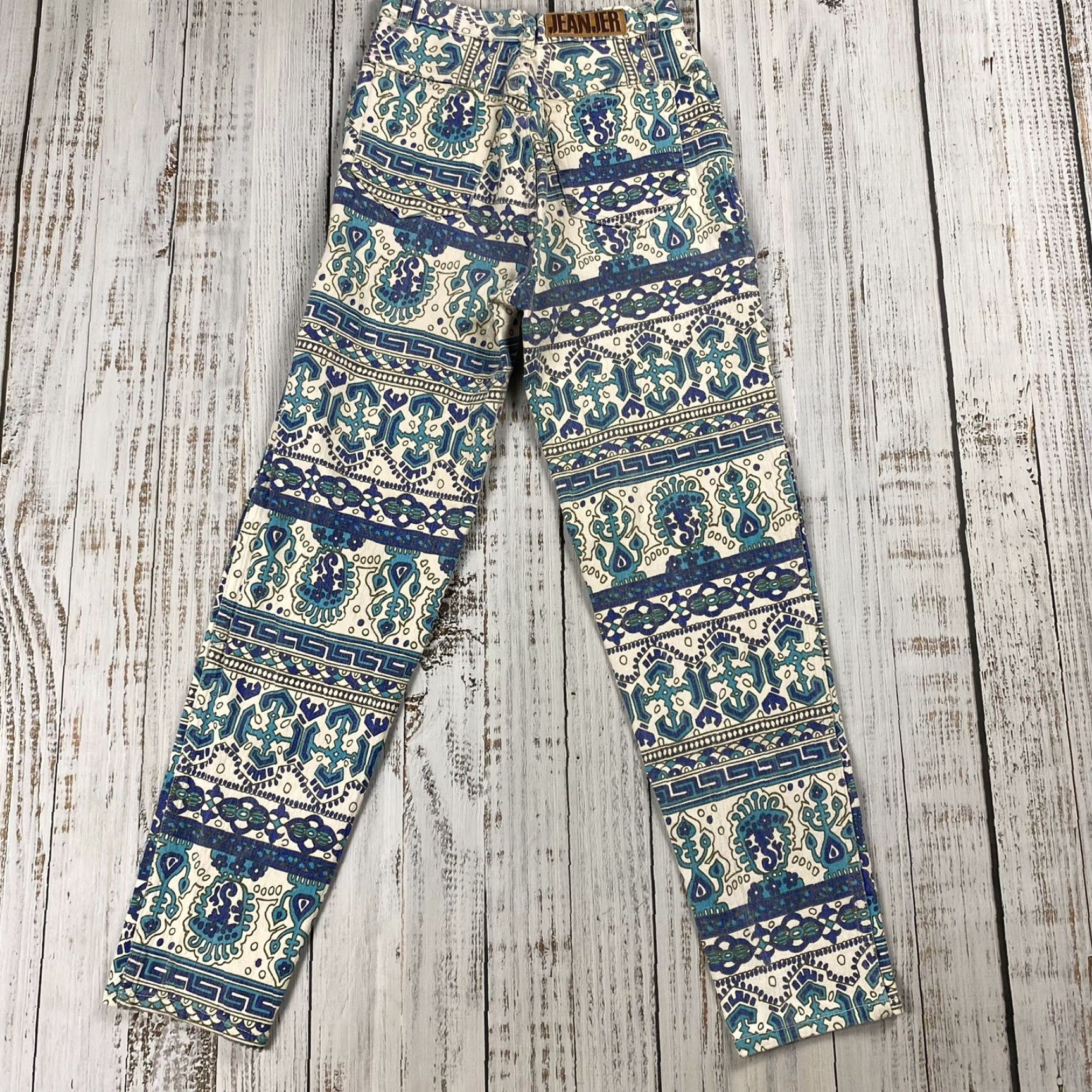 Vintage VTG JeanJer Jeans Women Juniors 25" Waist 28.5" Inseam Blue 80s Tribal Pattern Tapered Jeans Size 5/6 Size 27" / US 4 / IT 40 - 6 Thumbnail