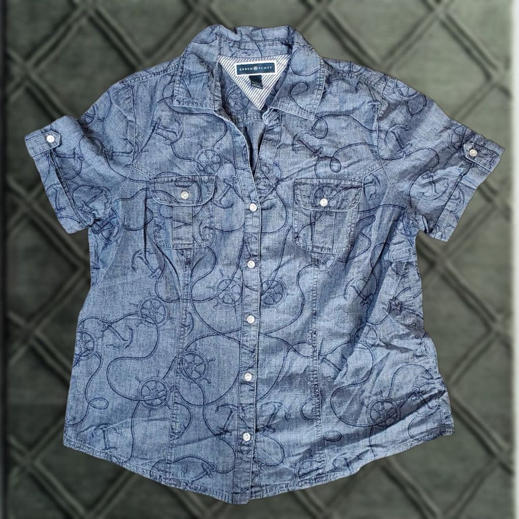 Vintage Karen Scott Button-Up Nautical Shirt Blue L Golf Women Regular Short Sleeve Collared Nautical Pattern Nautical Theme Shirt Size L / US 10 / IT 46 - 1 Thumbnail