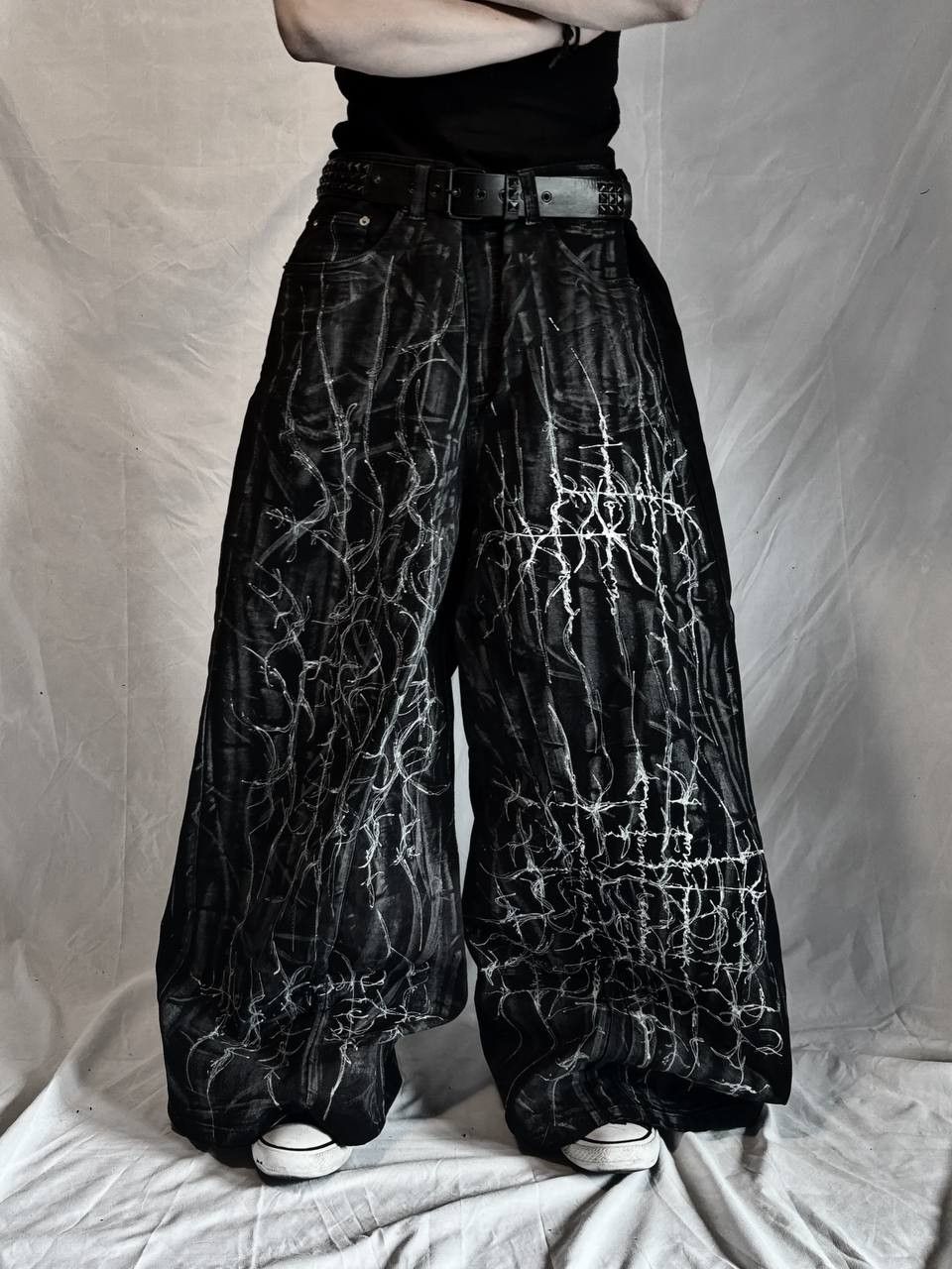 Japanese Brand Custom Black Baggy Jeans with White cyber sigilismPrint Size US 36 / EU 52 - 1 Thumbnail