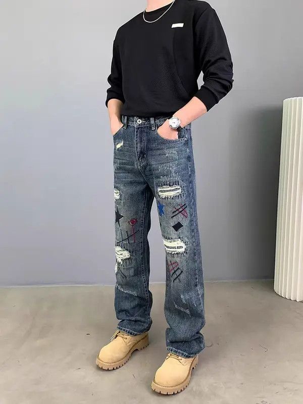 VIBE Street embroidered hip-hop loose casual ripped jeans Size US 32 / EU 48 - 8 Thumbnail