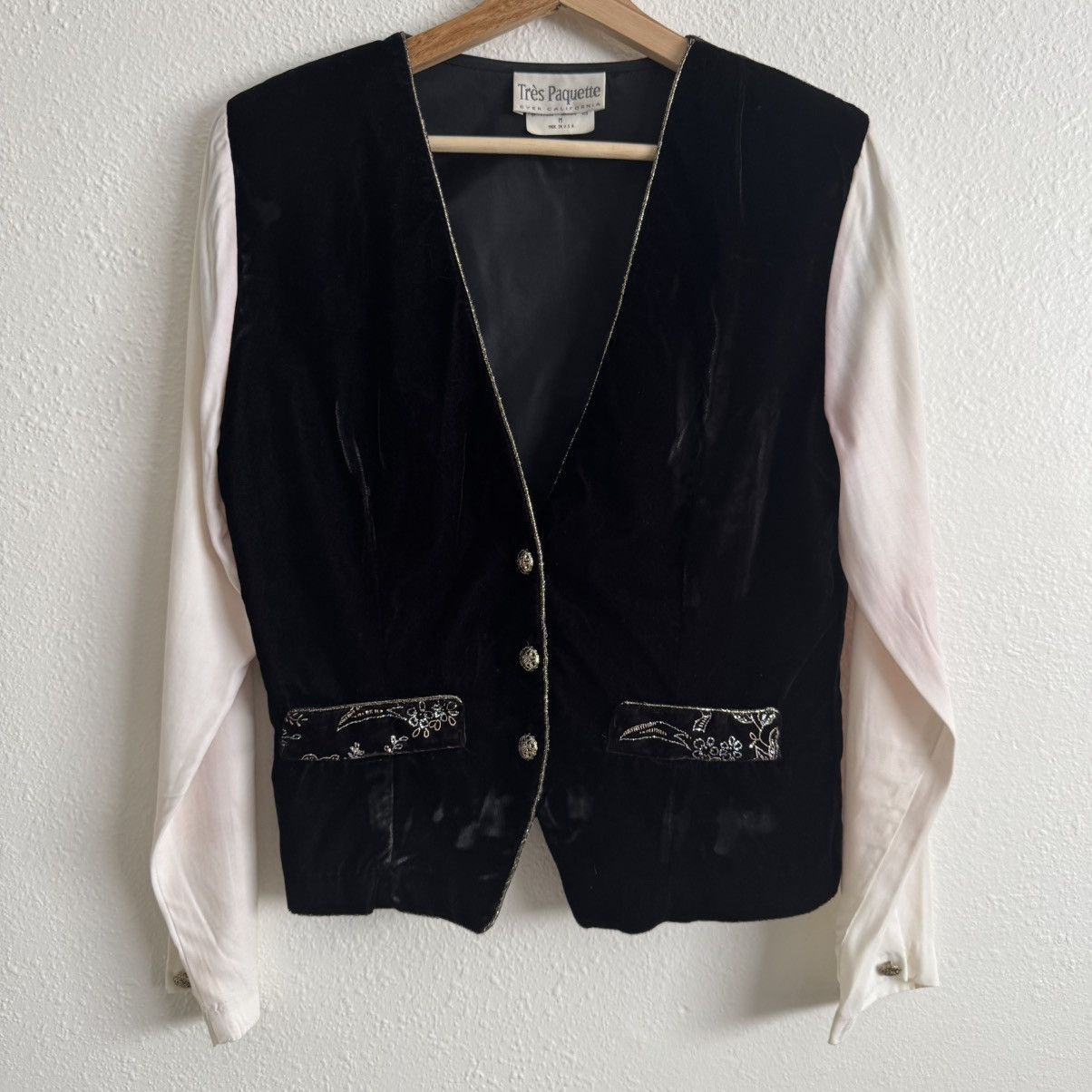 Vintage TRÈS PAQUETTE Vintage Black White Velvet Button Up Blouse Size M / US 6-8 / IT 42-44 - 3 Thumbnail