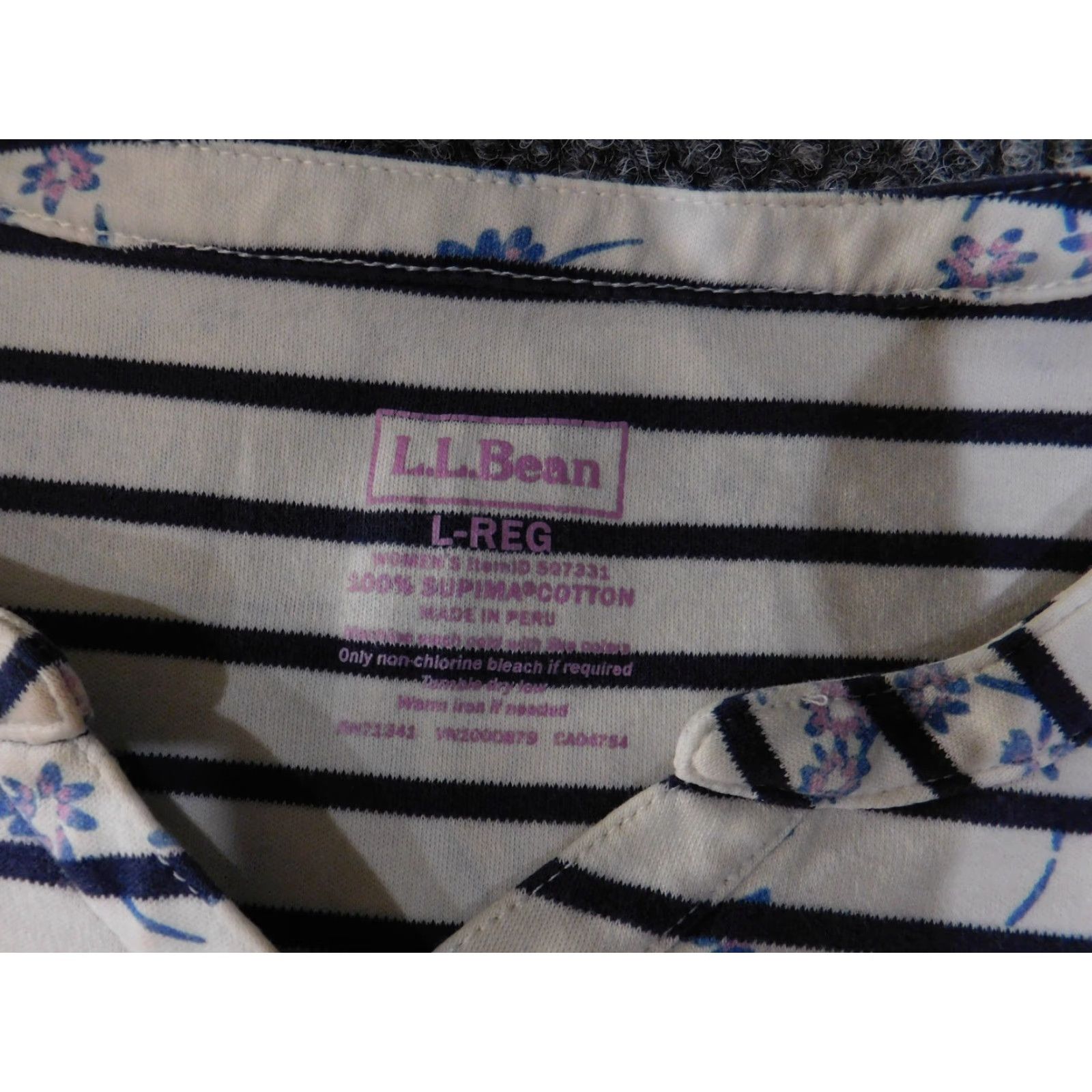 Vintage LL Bean Blouse Womens Large White Navy Floral Striped Supima Pullover Size L / US 10 / IT 46 - 4 Thumbnail