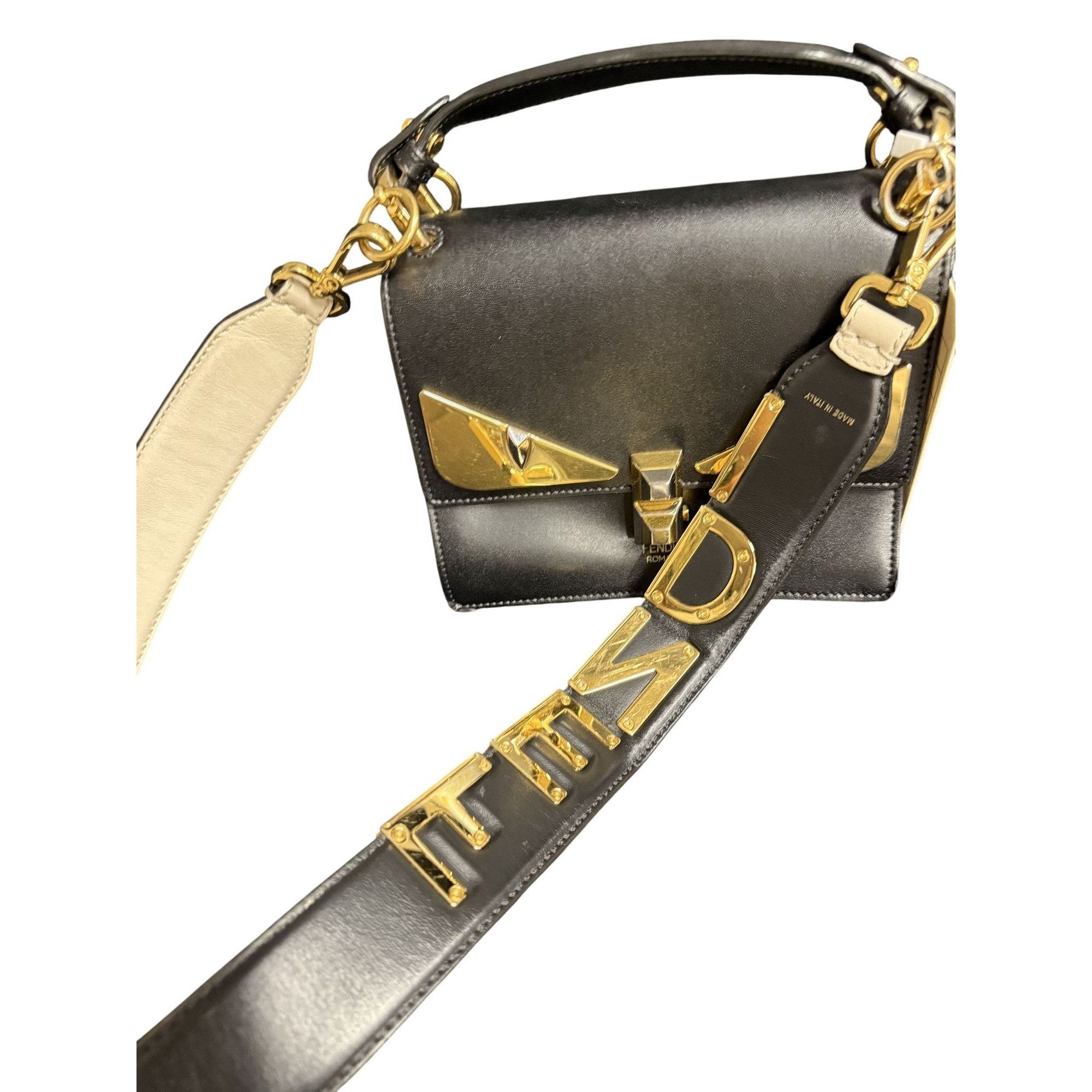Fendi Fendi Roma Black & Gold Leather Shoulder Bag With Logo Strap Size ONE SIZE - 4 Thumbnail