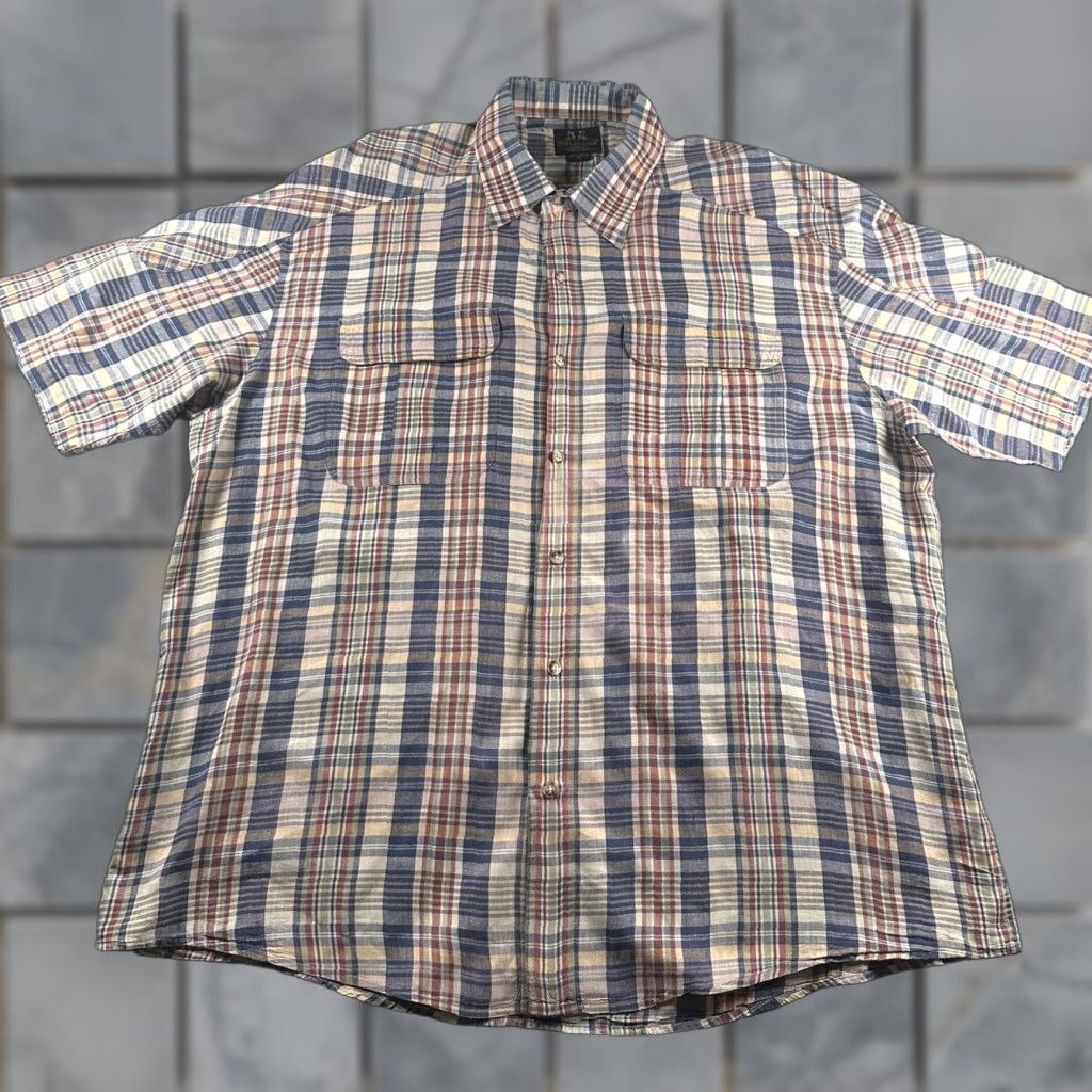 VINTAGE Willis & Geiger Shirt Mens XL Plaid Short Sleeve 100% Cotton Chest Pockets