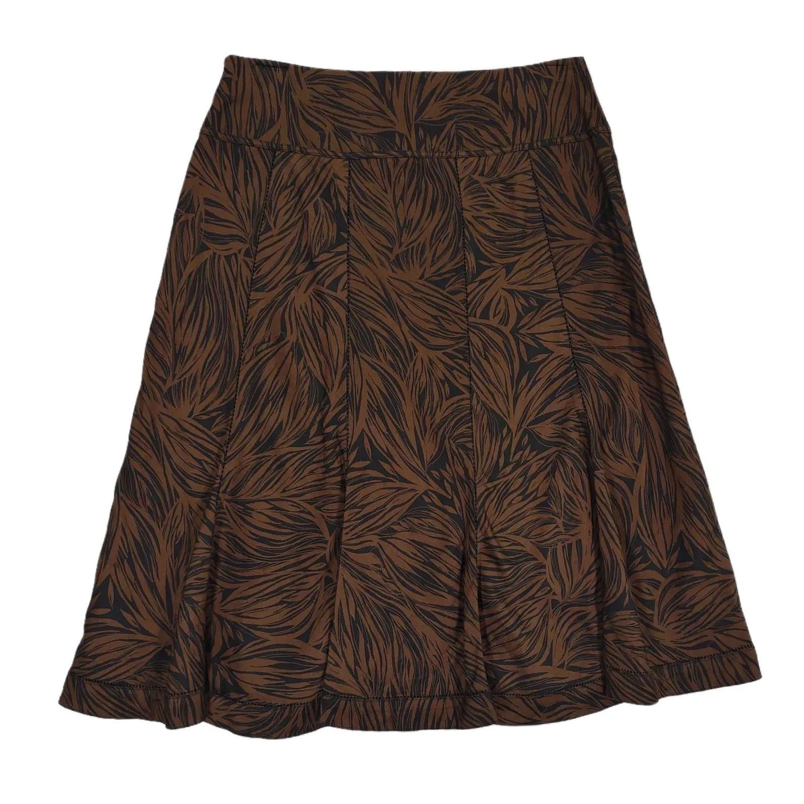 Ann Taylor Ann Taylor Brown & Black Leaf Pleated A-Line Midi Skirt Size 28" / US 6 / IT 42 - 2 Thumbnail