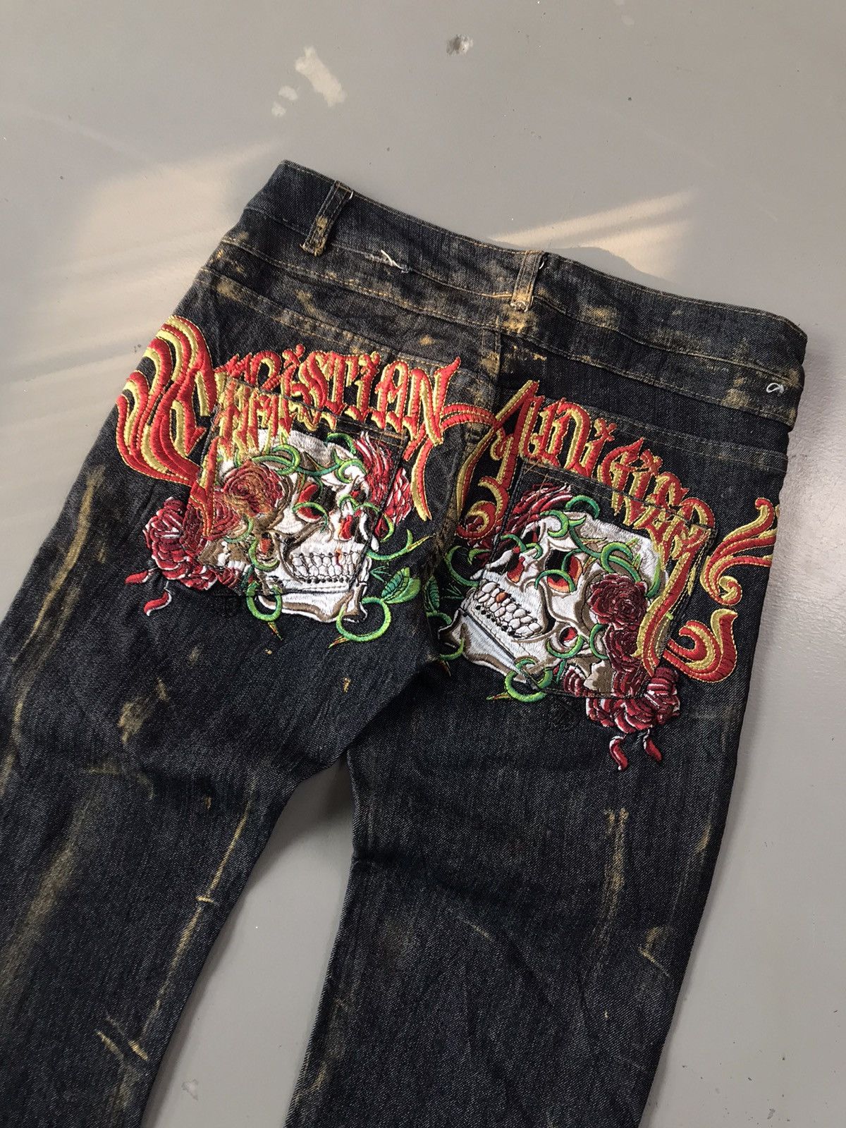 Christian Audigier × Ed Hardy × Vintage Vintage Christian Audigier skull 💀 embroidered denim Size 32" / US 10 / IT 46 - 8 Thumbnail