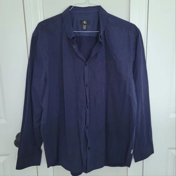 Calvin Klein Navy/Black Striped Collared Long Sleeve Button-Up Shirt Size US XL / EU 56 / 4 - 2 Thumbnail