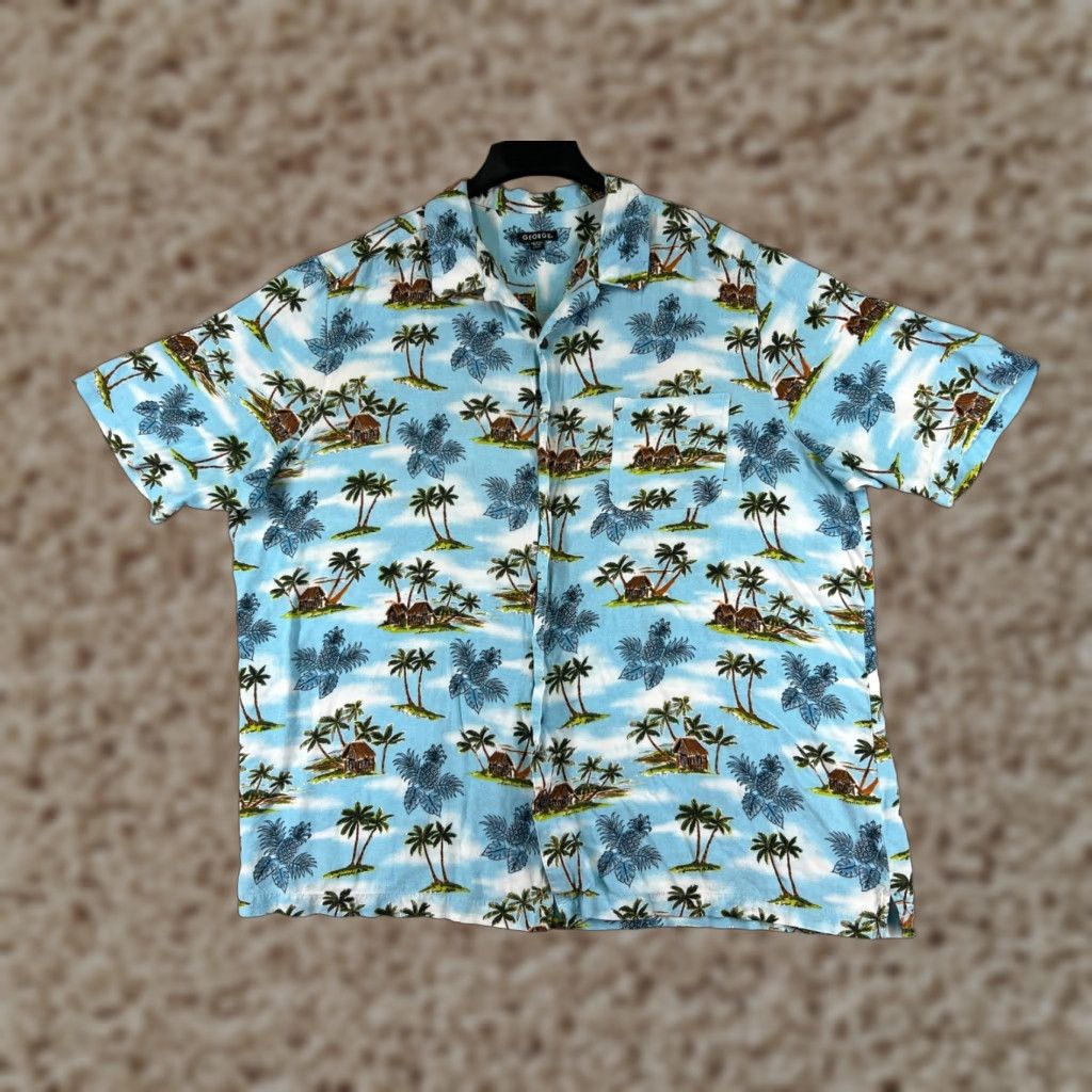 George George Hawaiian Shirt Adult 2XL Blue Pineapple Hut Palm Print 100% Rayon Floral Button-Up Short Sleeve Viscose Casual Mens Satin? Wait no. Size US XXL / EU 58 / 5 - 1 Thumbnail