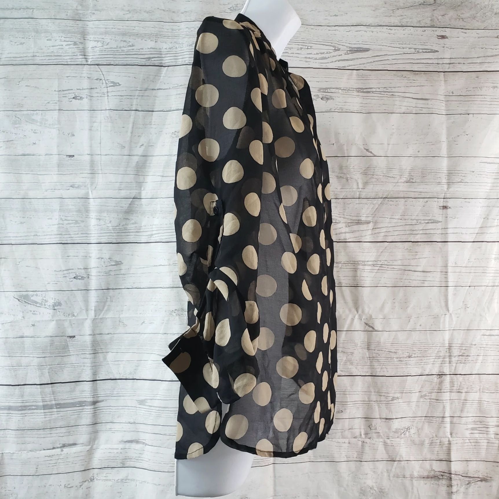 Vintage 41Hawthorn Blouse Polka Dot Sheer Black Tan Womens XS S Regular Long Sleeve Button Tabbed Sleeve Shirt Size S / US 4 / IT 40 - 3 Thumbnail