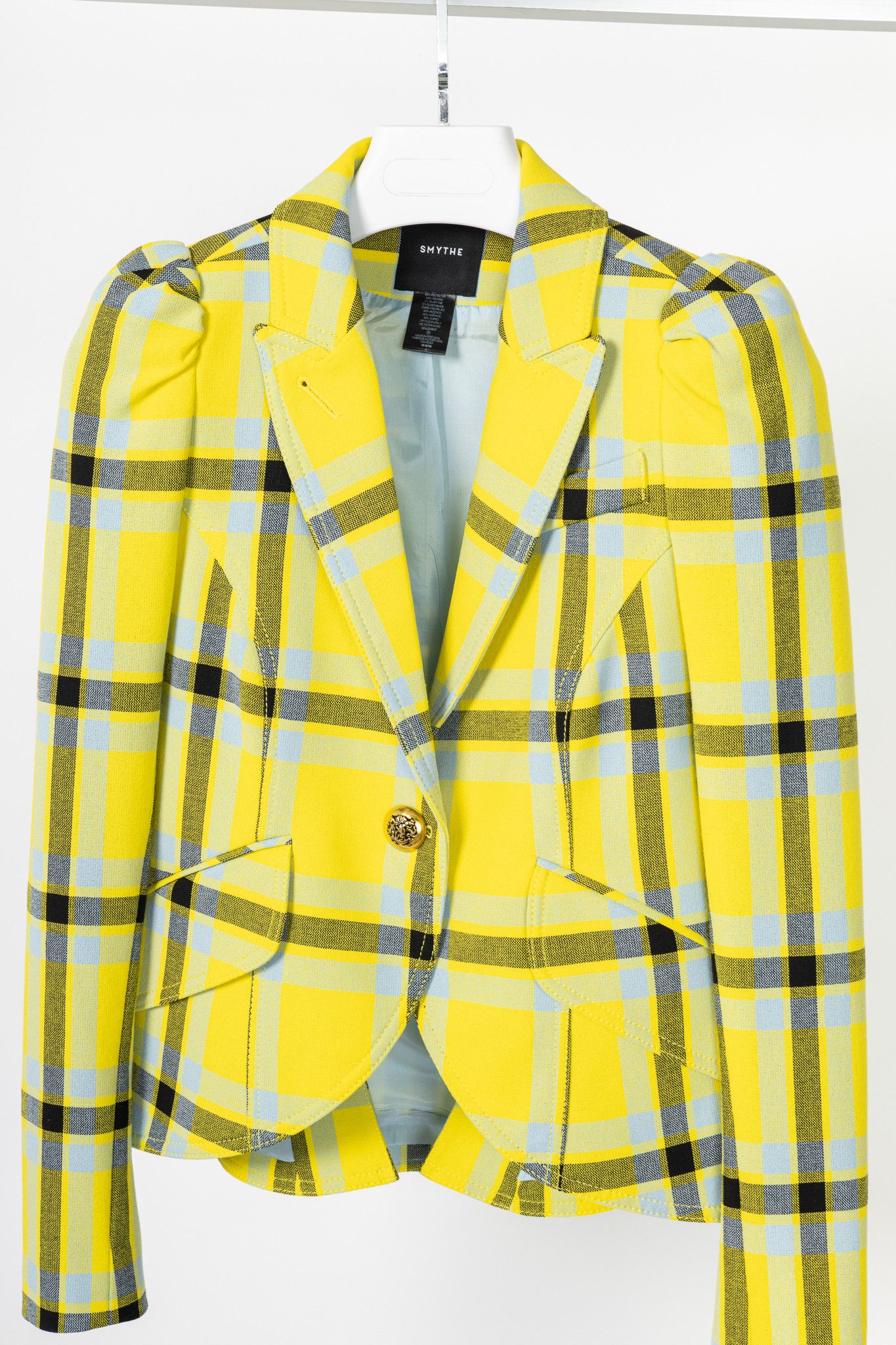 SMYTHE Smythe Lemon Plaid Pouf Sleeve One Button Blazer Size M / US 6-8 / IT 42-44 - 3 Thumbnail