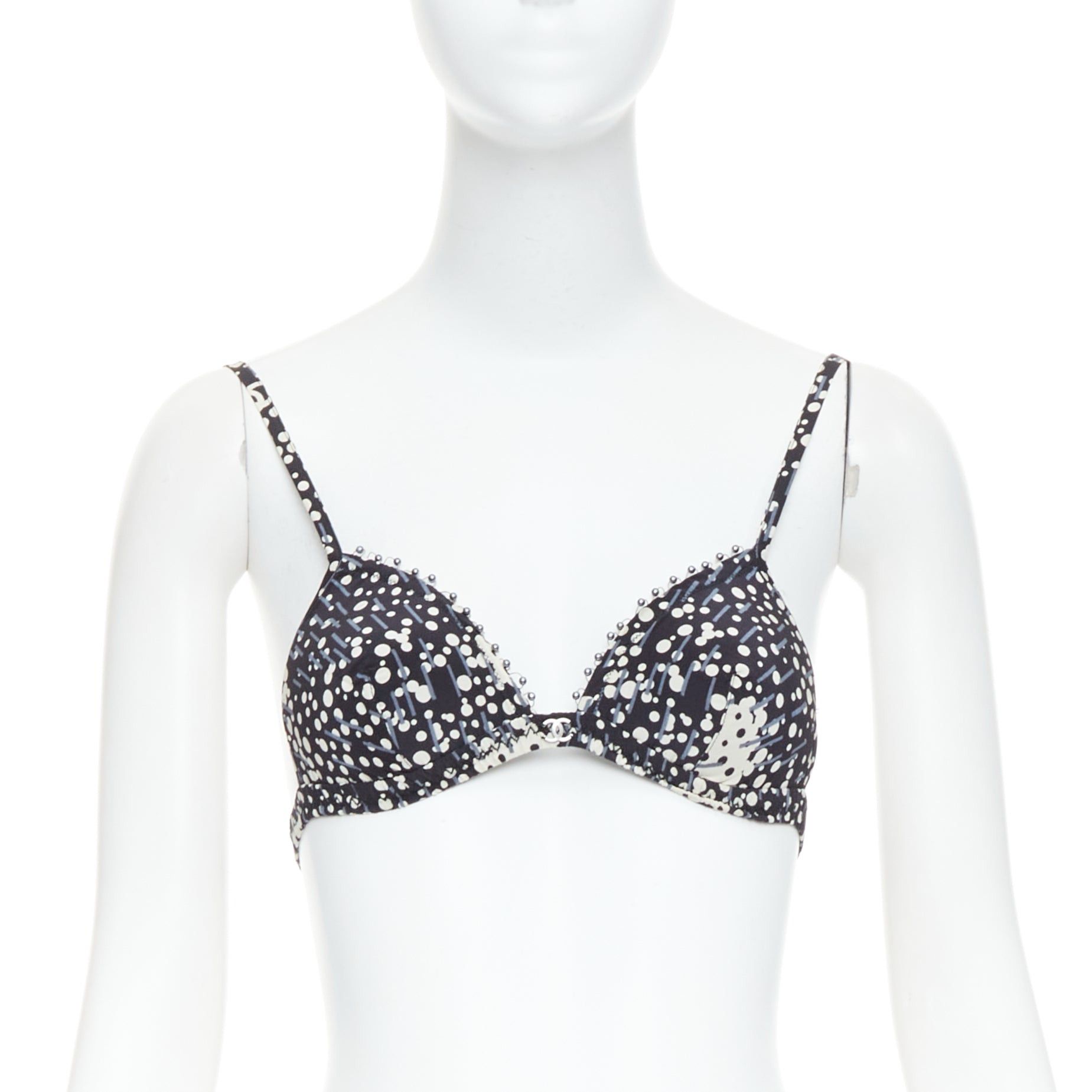 Chanel 02A Black Grey Cc Logo Faux Pearl Embellished Padded Bra, Women's (Size Medium)