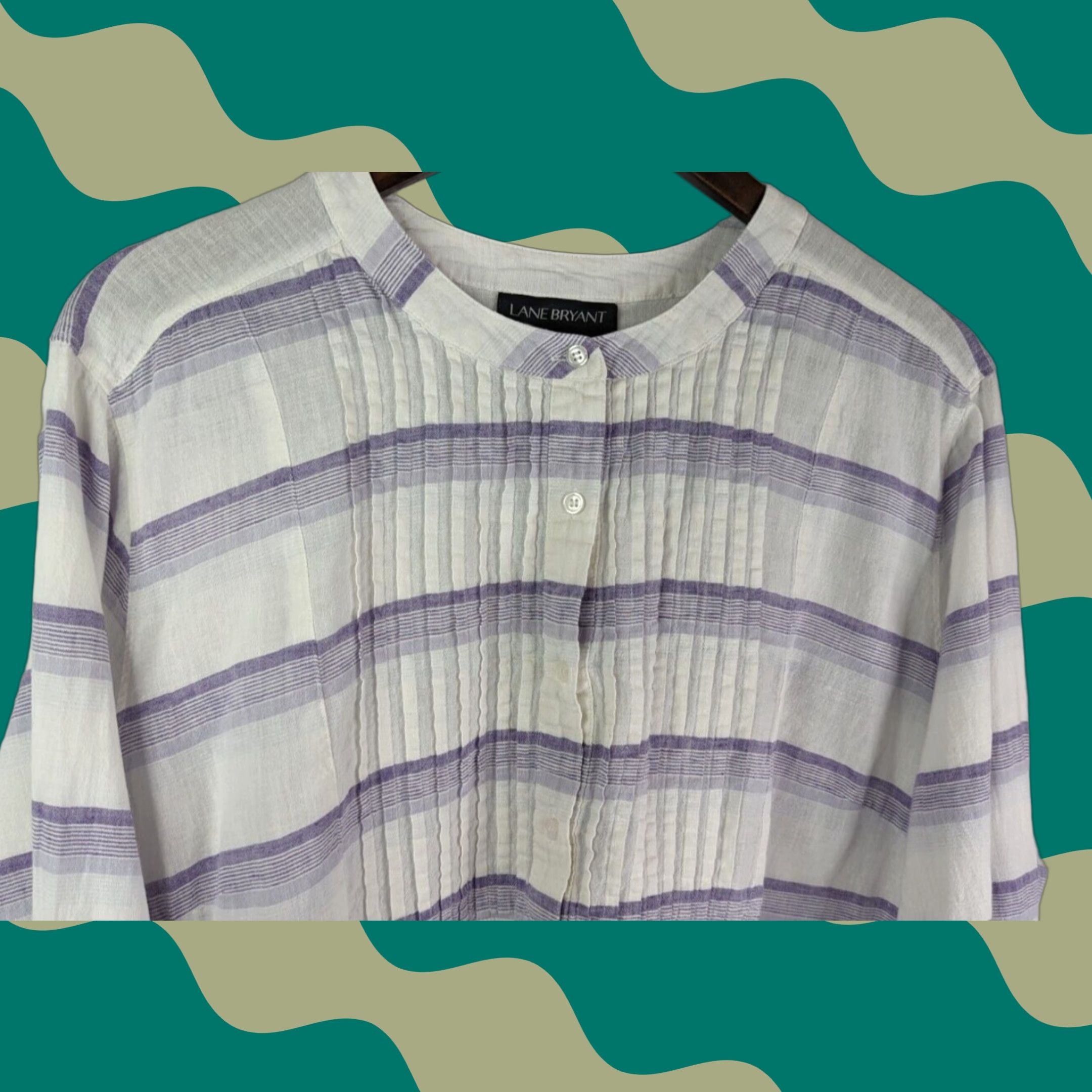 Vintage Lane Bryant Shirt Womens 22/24 Plus Linen Tunic Purple White Stripe Pleated Bohemian Casual Tunic Blouse Size 3XL / US 20-22 - 1 Thumbnail