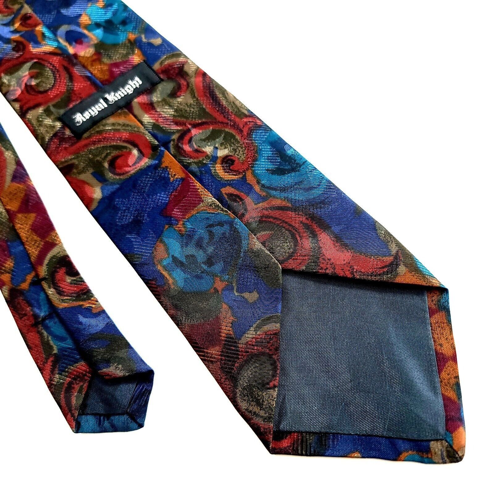 Vintage Royal Knight Blue Red Baroque Jacquard Print Short Silk Tie Size ONE SIZE - 4 Thumbnail