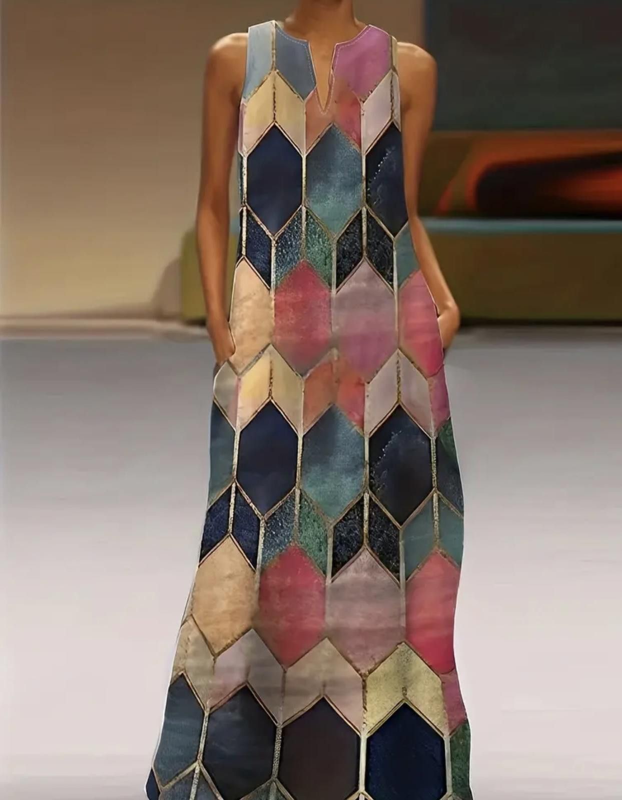Designer Vibrant Geometric Maxi Dress Size 4XL / US 24-26 - 1 Thumbnail
