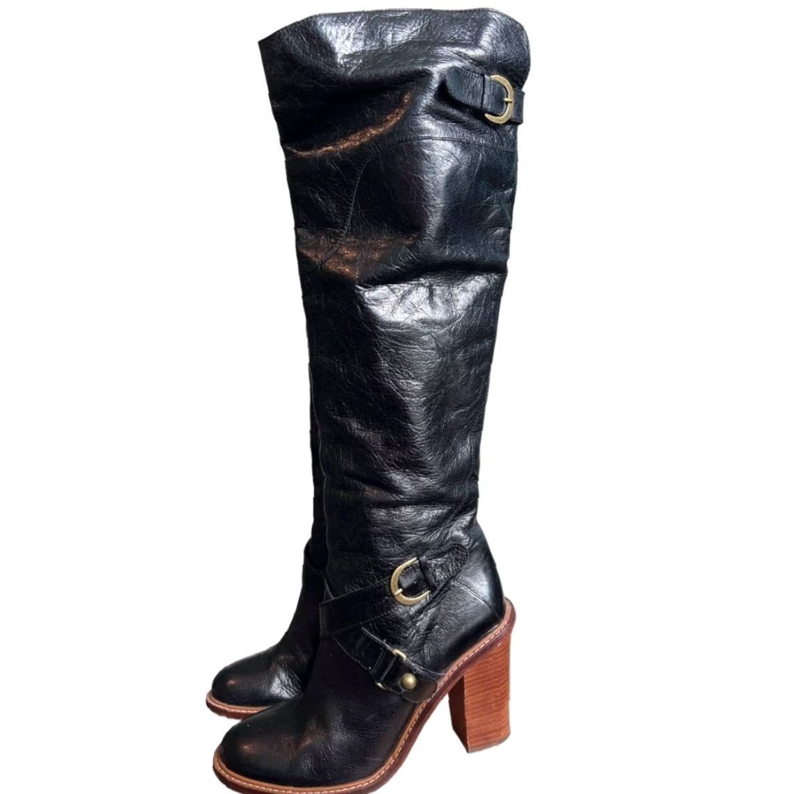 Vintage Boutique Women's Charissa Black Leather Over the Knee Buckle Heeled Boot Size 8M Size US 8 / IT 38 - 3 Thumbnail