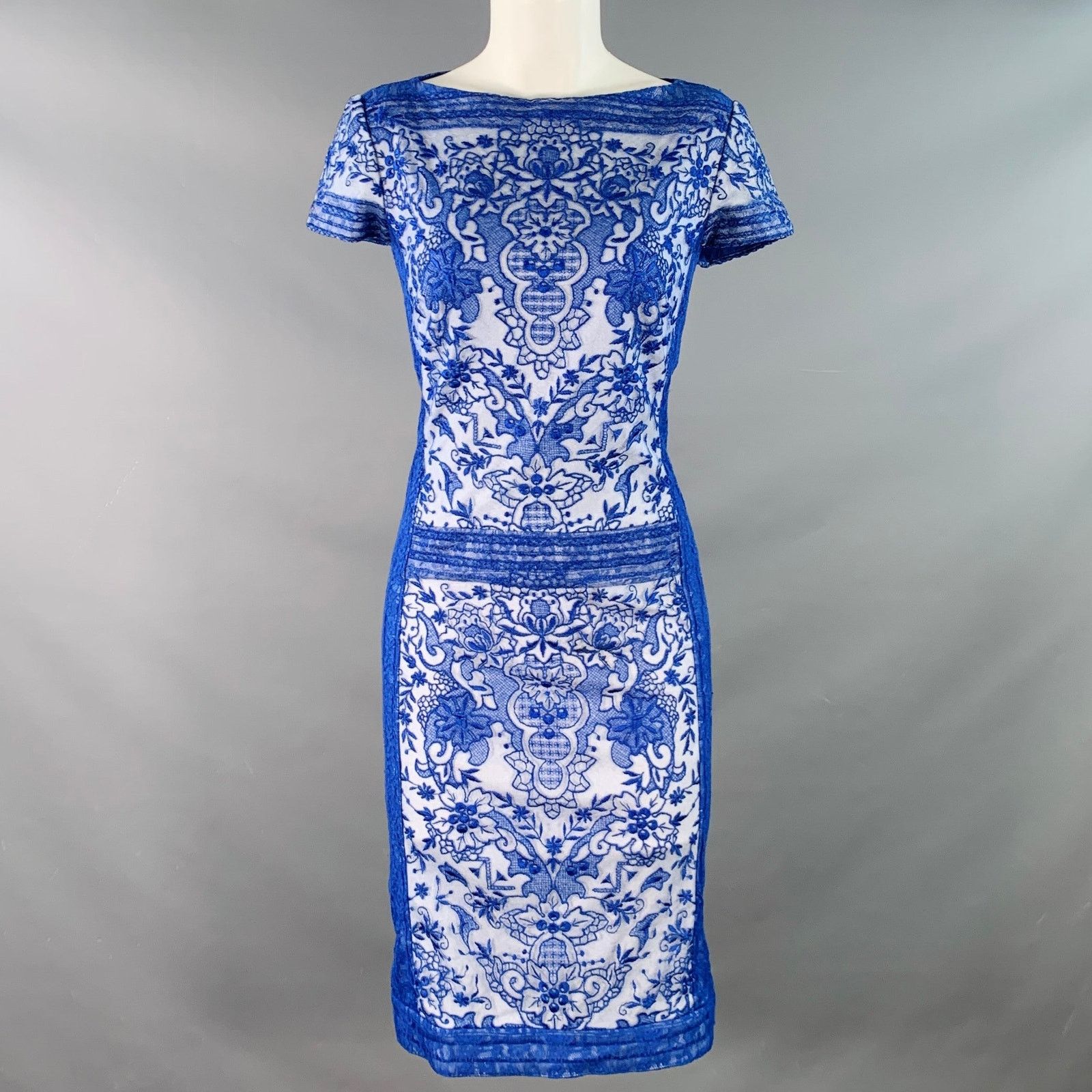 Tadashi Shoji Blue White Rayon Blend Lace Short Sleeve Cocktail Dress Size M / US 6-8 / IT 42-44 - 1 Thumbnail