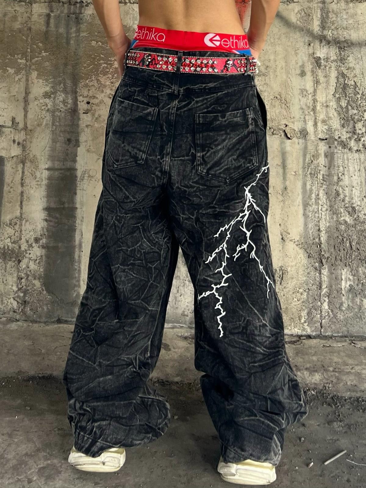 Vintage Lightning Embroidered Washed Loose Long Denim Jeans Size US 32 / EU 48 - 3 Thumbnail