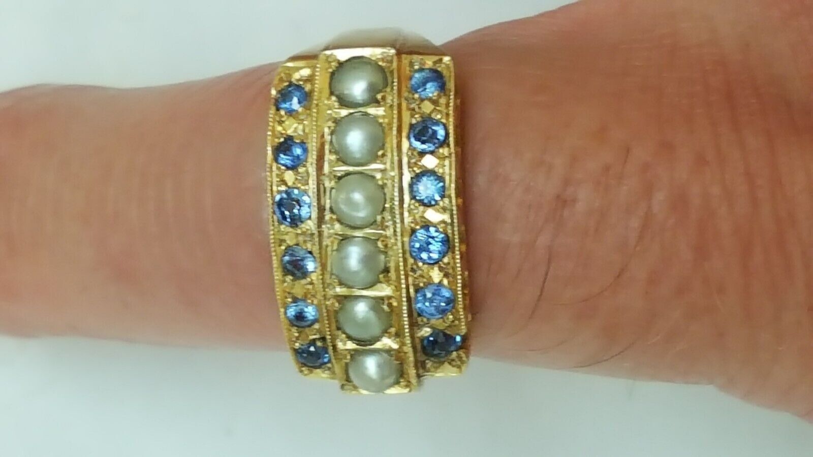 Other Antique 14k Yellow Gold 1.20ctw Sapphire Seed Pearl Ring Size ONE SIZE - 6 Thumbnail