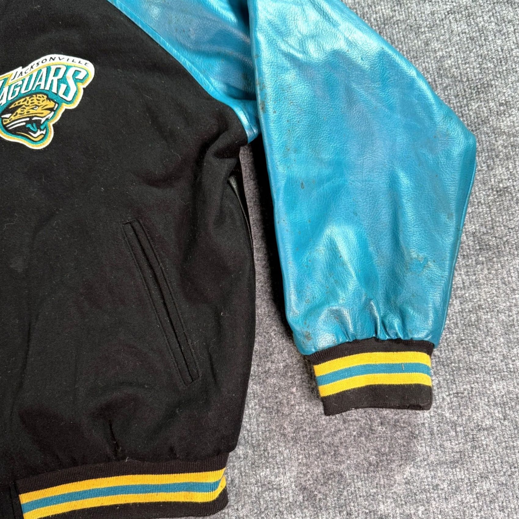 NFL VINTAGE Jacksonville Jaguars Varsity Jacket Mens XL Black Teal Leather Wool Logo Snap-Front Embroidered Rugby Character? Size US XL / EU 56 / 4 - 4 Thumbnail