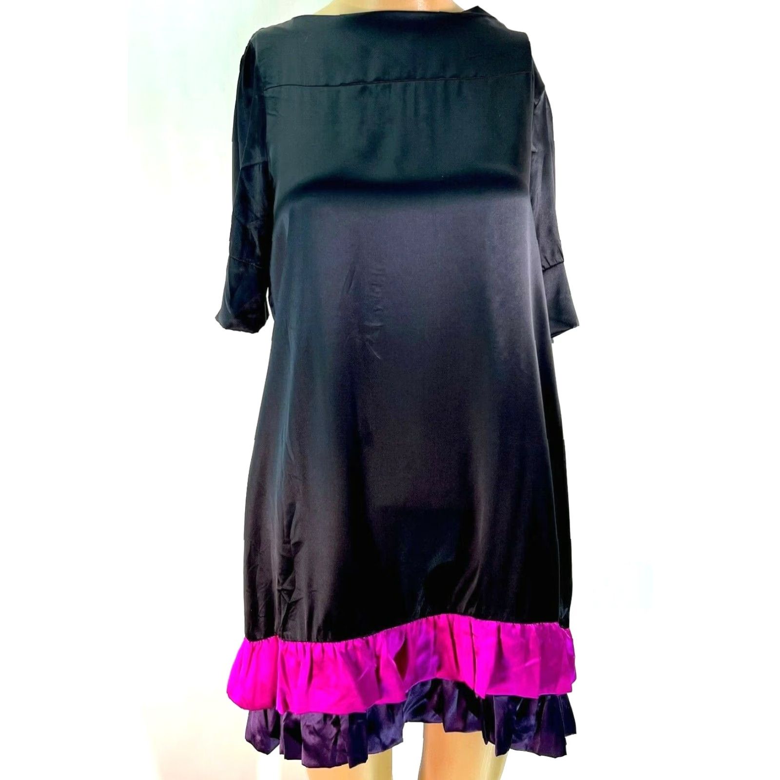 Vintage Cielo Dress Silk Boat Neck Casual Black Mini Ruffled Hem Half Sleeve Size M Women Satin 100% Silk Short Sheath Classic Casual Party/Cocktail Size M / US 6-8 / IT 42-44 - 2 Thumbnail