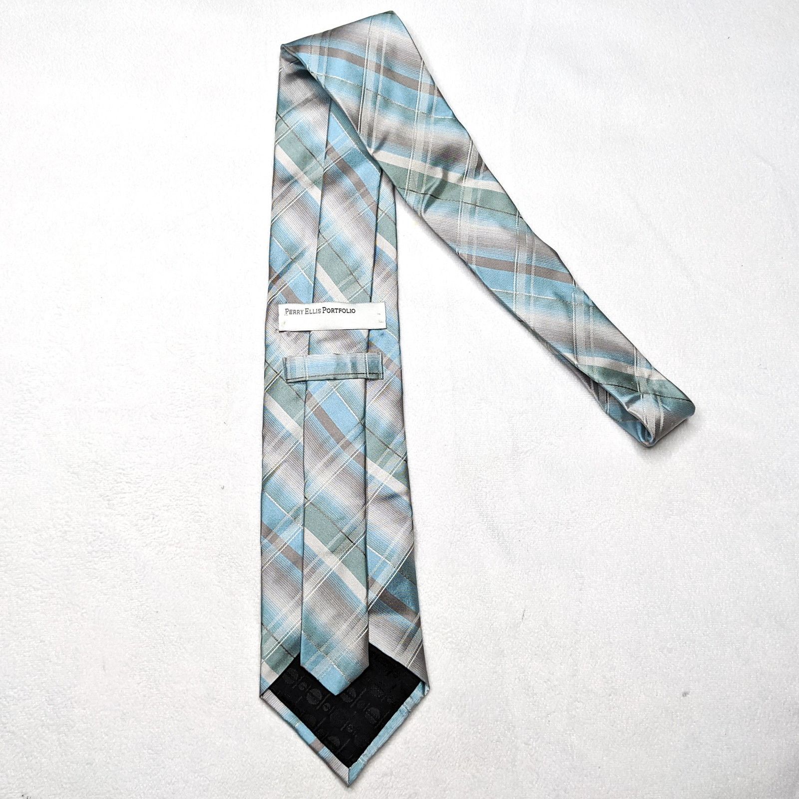 Perry Ellis Perry Ellis Men's Neck Tie Gray & Blue Stripe Silk Woven Size ONE SIZE - 2 Thumbnail