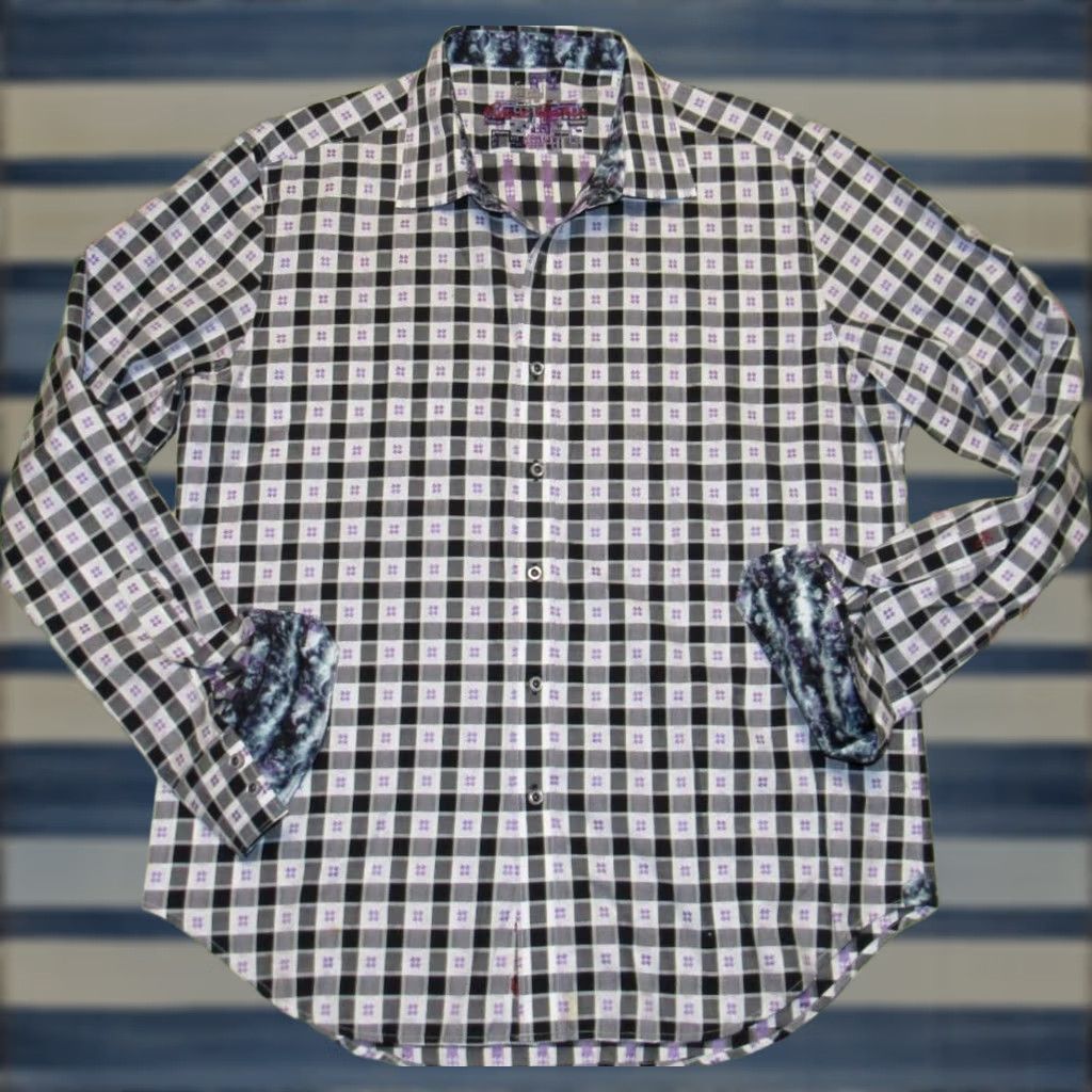 Robert Graham VINTAGE ROBERT GRAHAM White Black Purple Long Sleeve Button Down Shirt Tailored Fit XL Size US XL / EU 56 / 4 - 1 Thumbnail