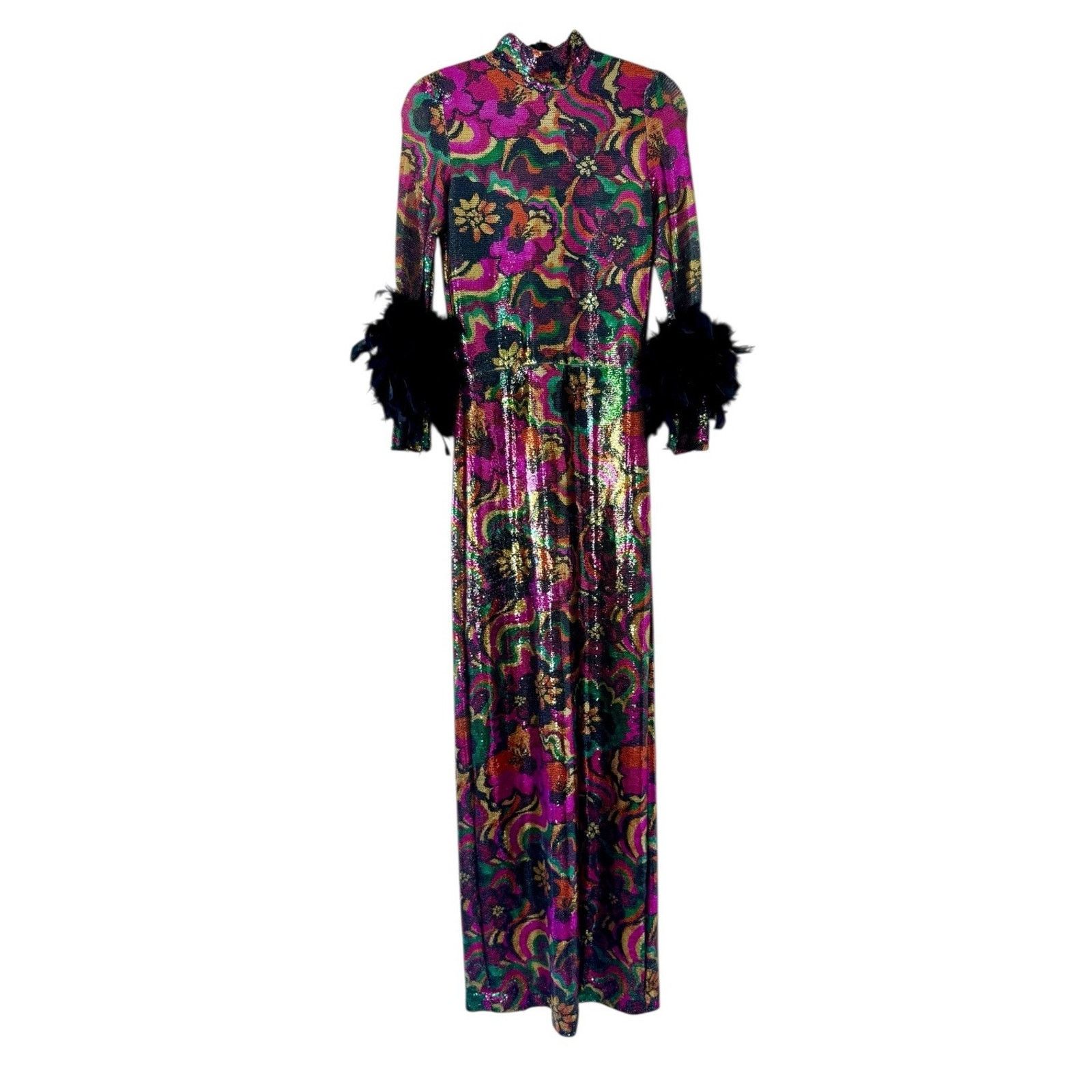 Other JENNIFER GRACE Catroux Sequin Feather Long Dress In Hysteria Size XXS / US 00 / IT 34 - 2 Thumbnail