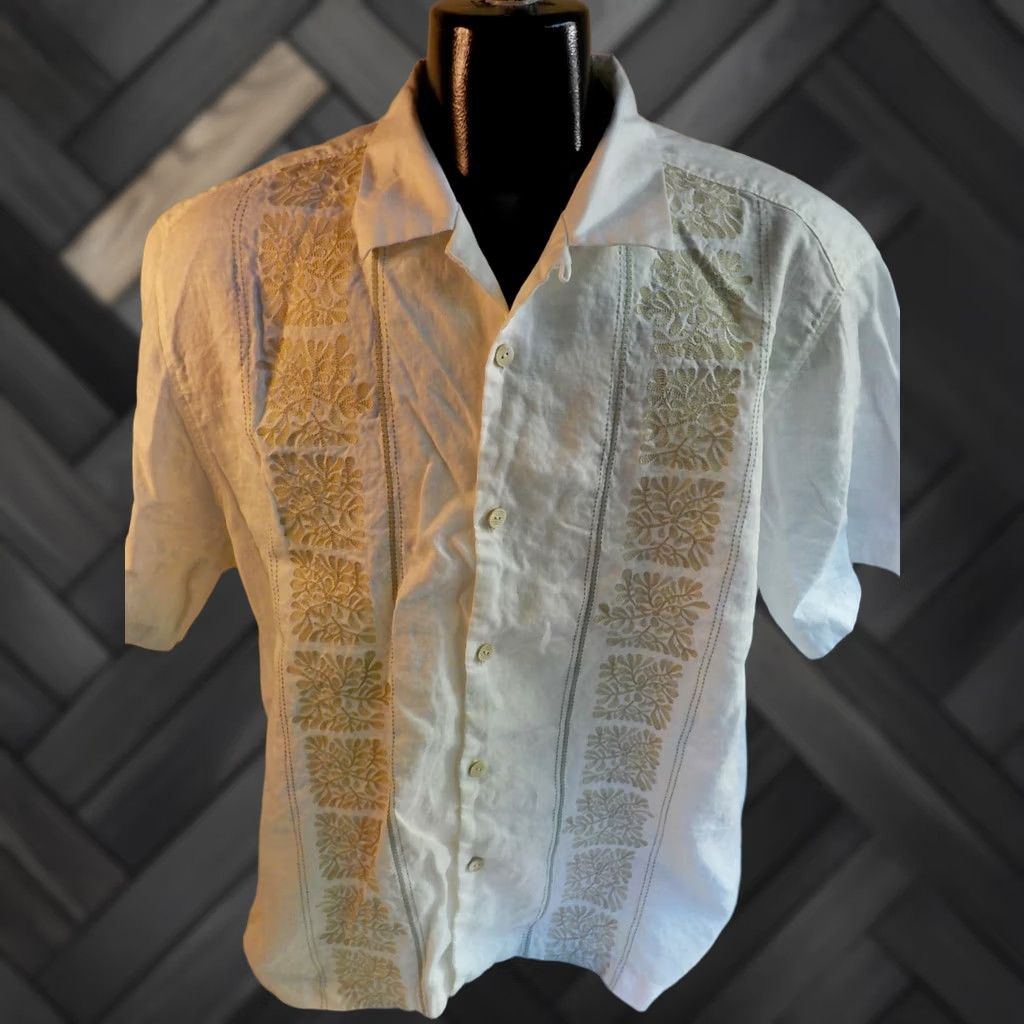 Tommy Bahama TOMMY BAHAMA Embroidered Front Camp Shirt XL Beige/Ivory 100% Linen Button-Up Short Sleeve Men Vintage Style Size US XL / EU 56 / 4 - 1 Thumbnail