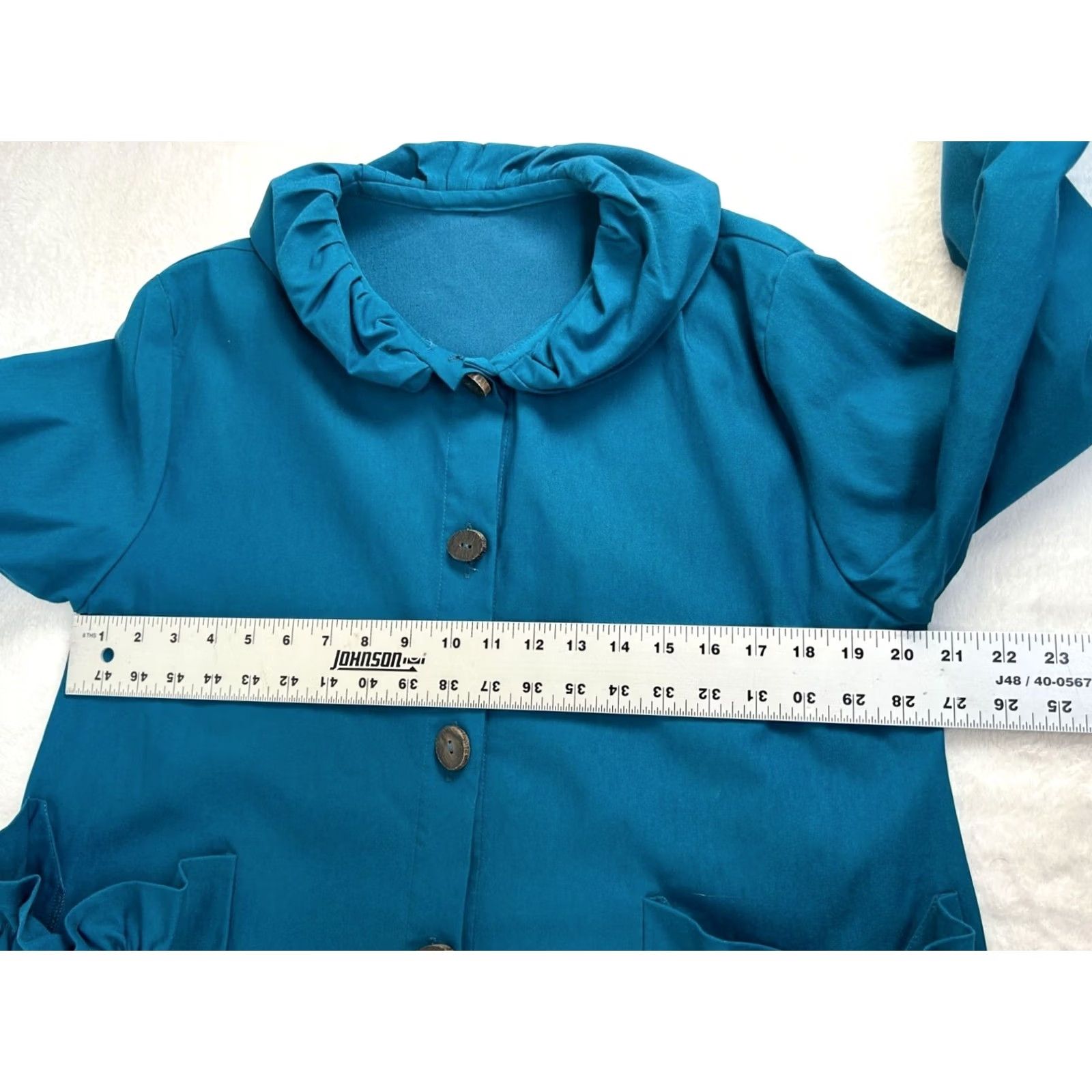 Altea XIAO Womens Teal Button-Up Jacket L/XL Ruffle Collar Elastic Pockets Lightweight Blue Jacket Womens Boys? Size L / US 10 / IT 46 - 6 Thumbnail