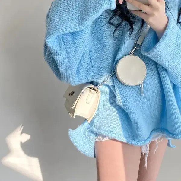 Japanese Brand × Vintage Blue Knit Jumper Oversize Long Sleeve Plain Size ONE SIZE - 3 Thumbnail