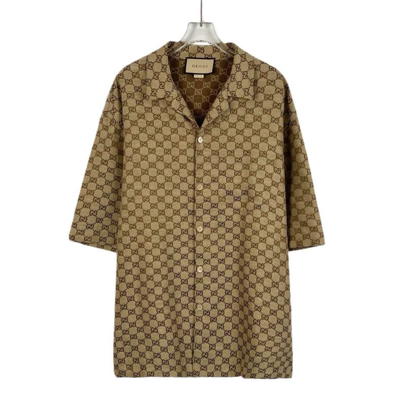 GucciBrown logo jacquad full-print lapel short-sleeved shir