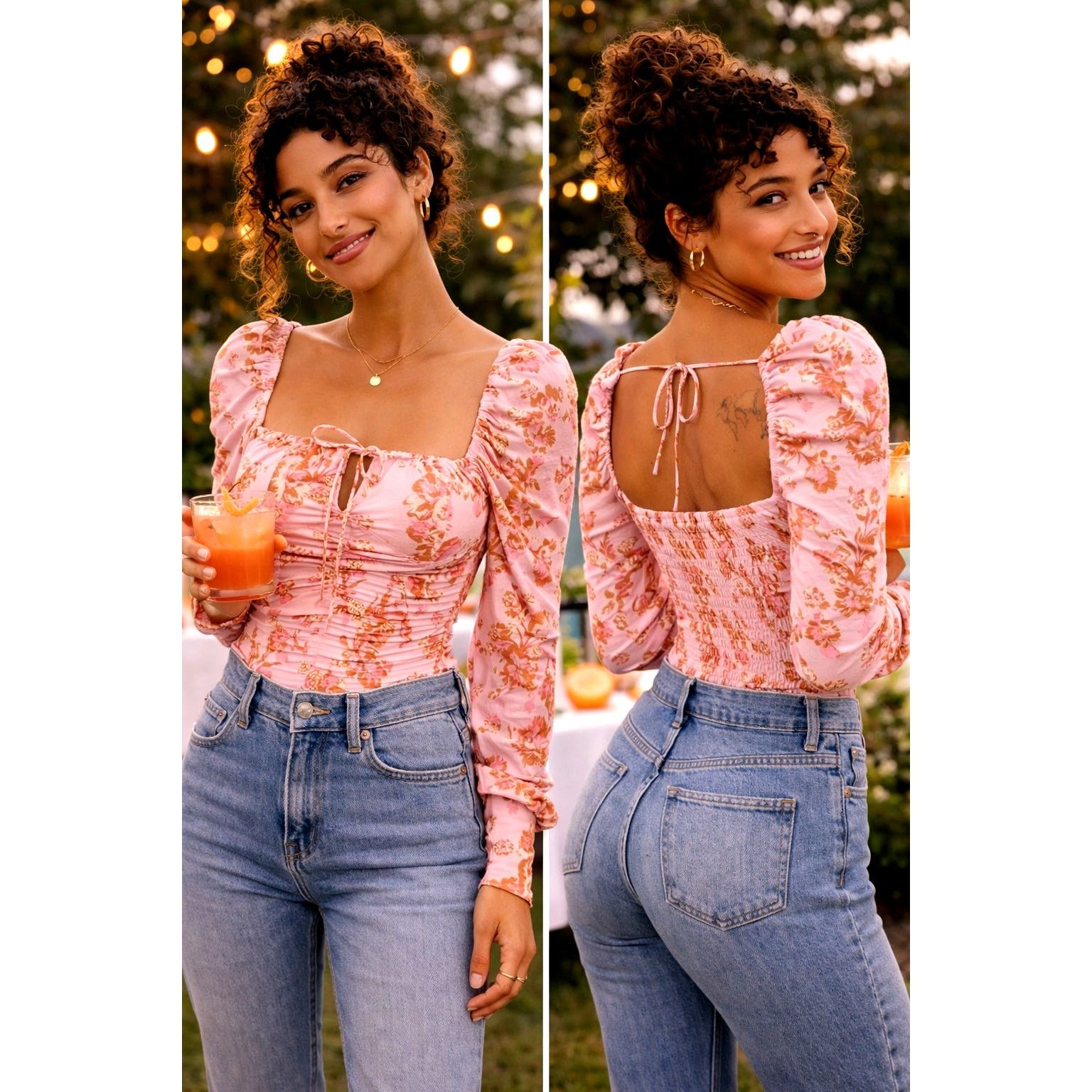 Free People Free People Hilary Floral Printed Low Square Back Top Pink L Size L / US 10 / IT 46 - 1 Thumbnail