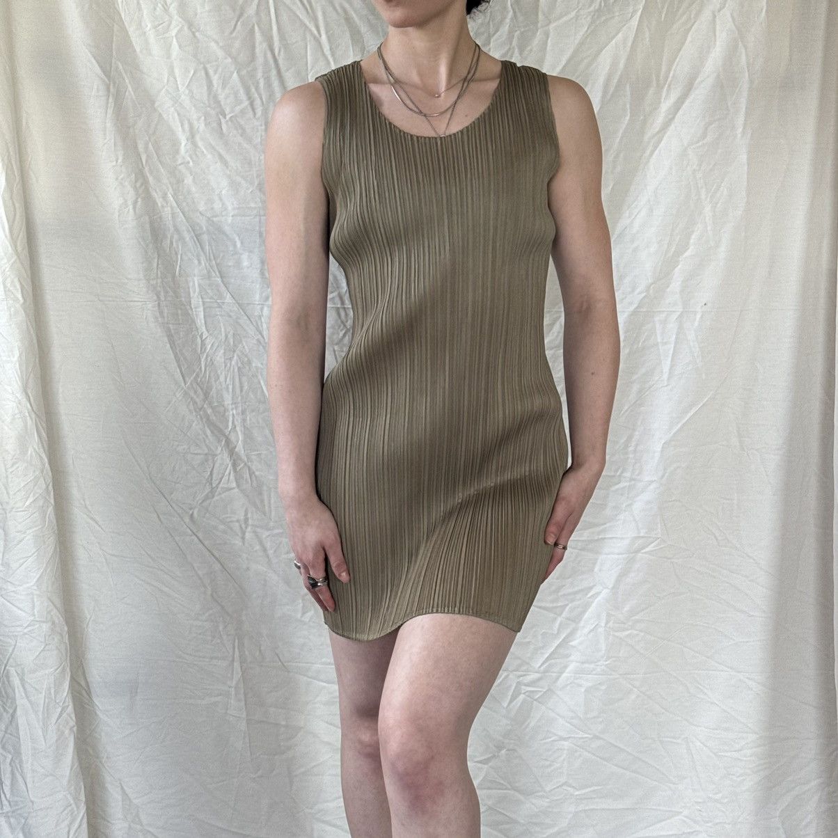 Issey Miyake × Pleats Please Issey Miyake Pleats Please Khaki Mini Tank Dress Size M / US 6-8 / IT 42-44 - 1 Thumbnail