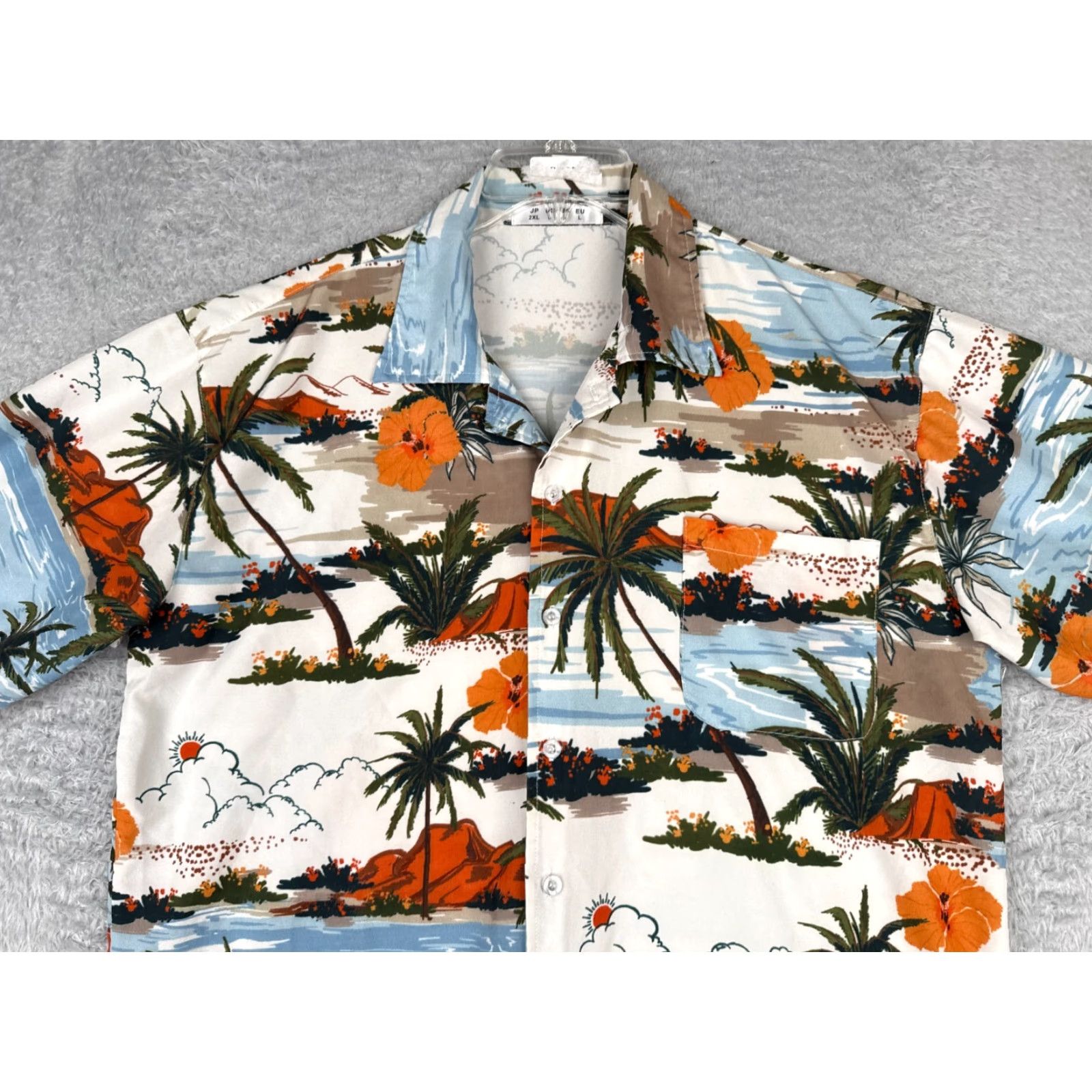 Vintage Palm Island Button-Up Hawaiian Shirt Adult Large Blue White Orange Palm Tree Beach Scene Aloha Luau Vacation Floral Short Sleeve Shirt Mens Regular Size US L / EU 52-54 / 3 - 4 Thumbnail